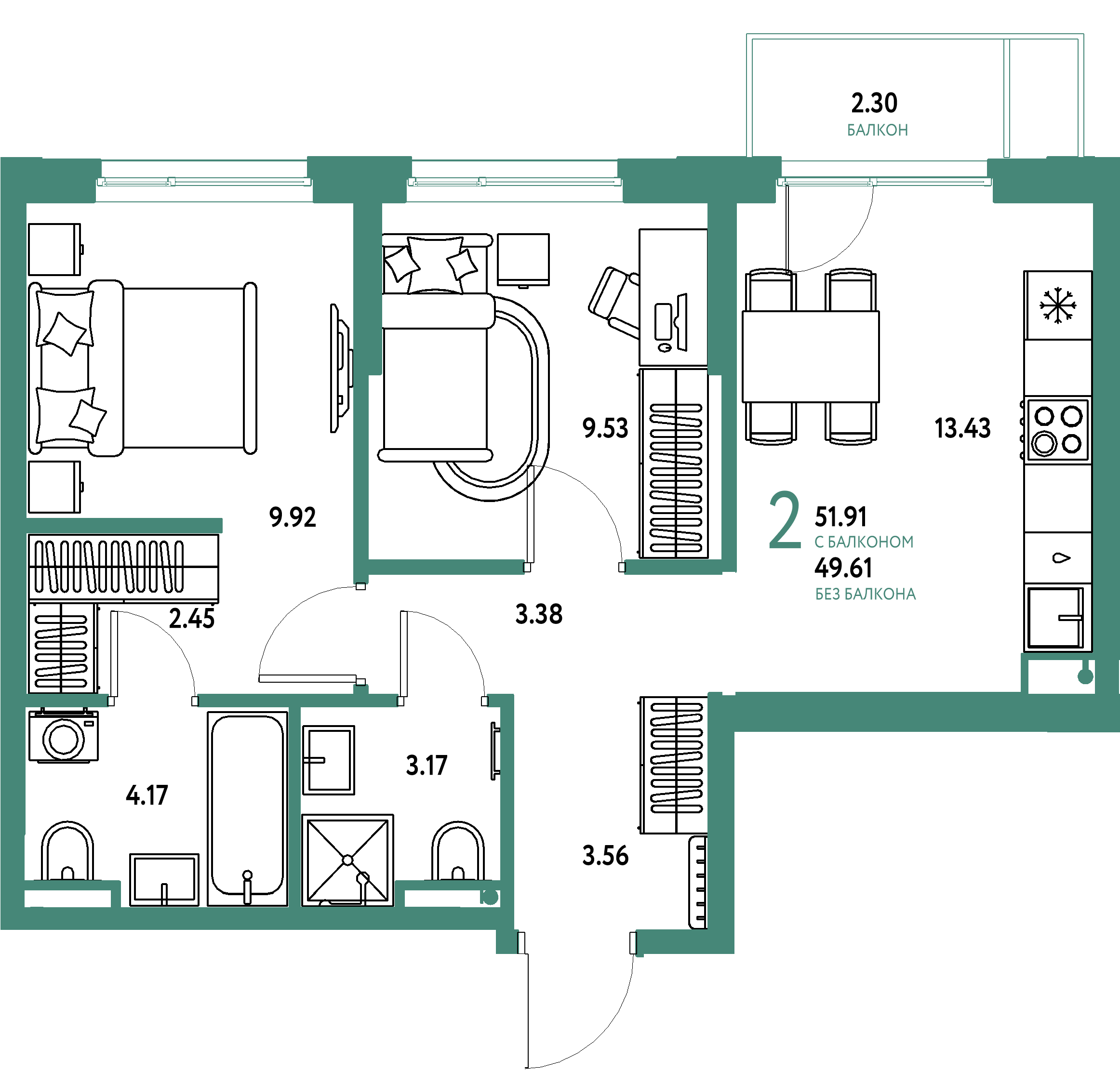 ЖК "Остров-сад"-2-комнатная 51.89 м²