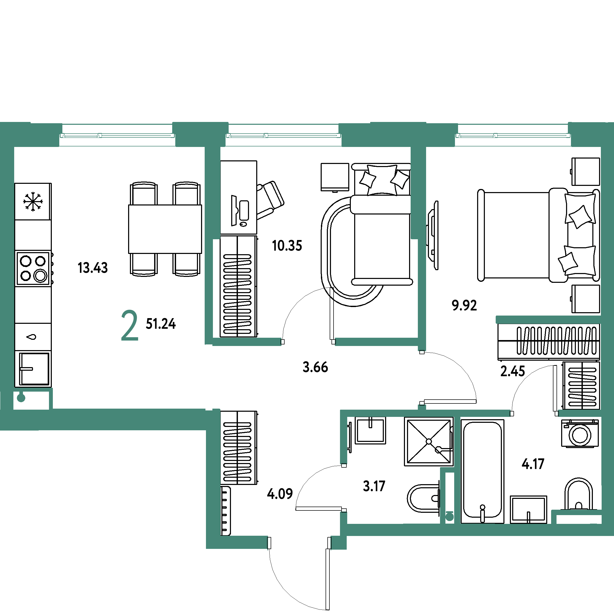ЖК "Остров-сад"-2-комнатная 51.22 м²
