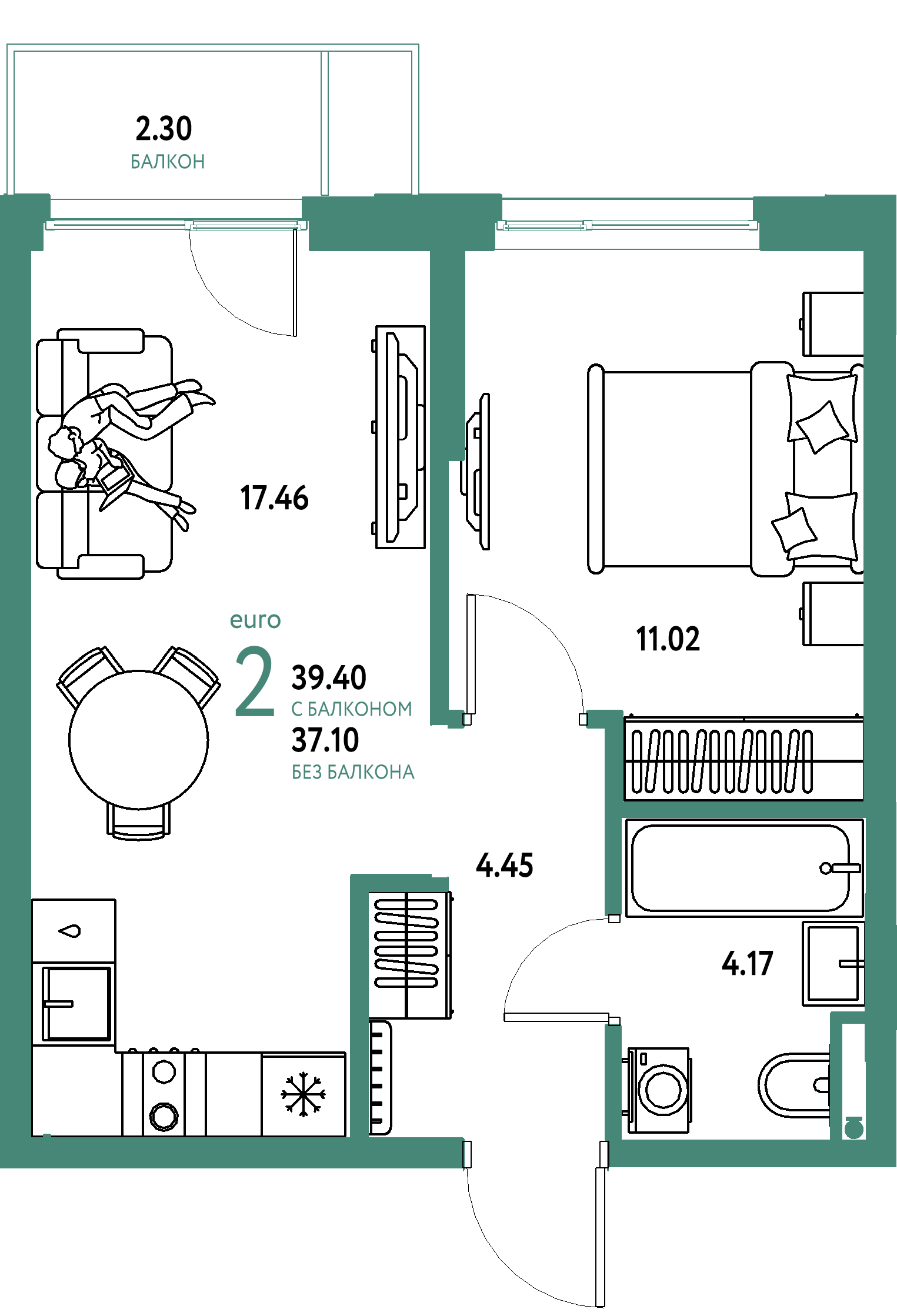 ЖК "Остров-сад"-2-комнатная 39.36 м²