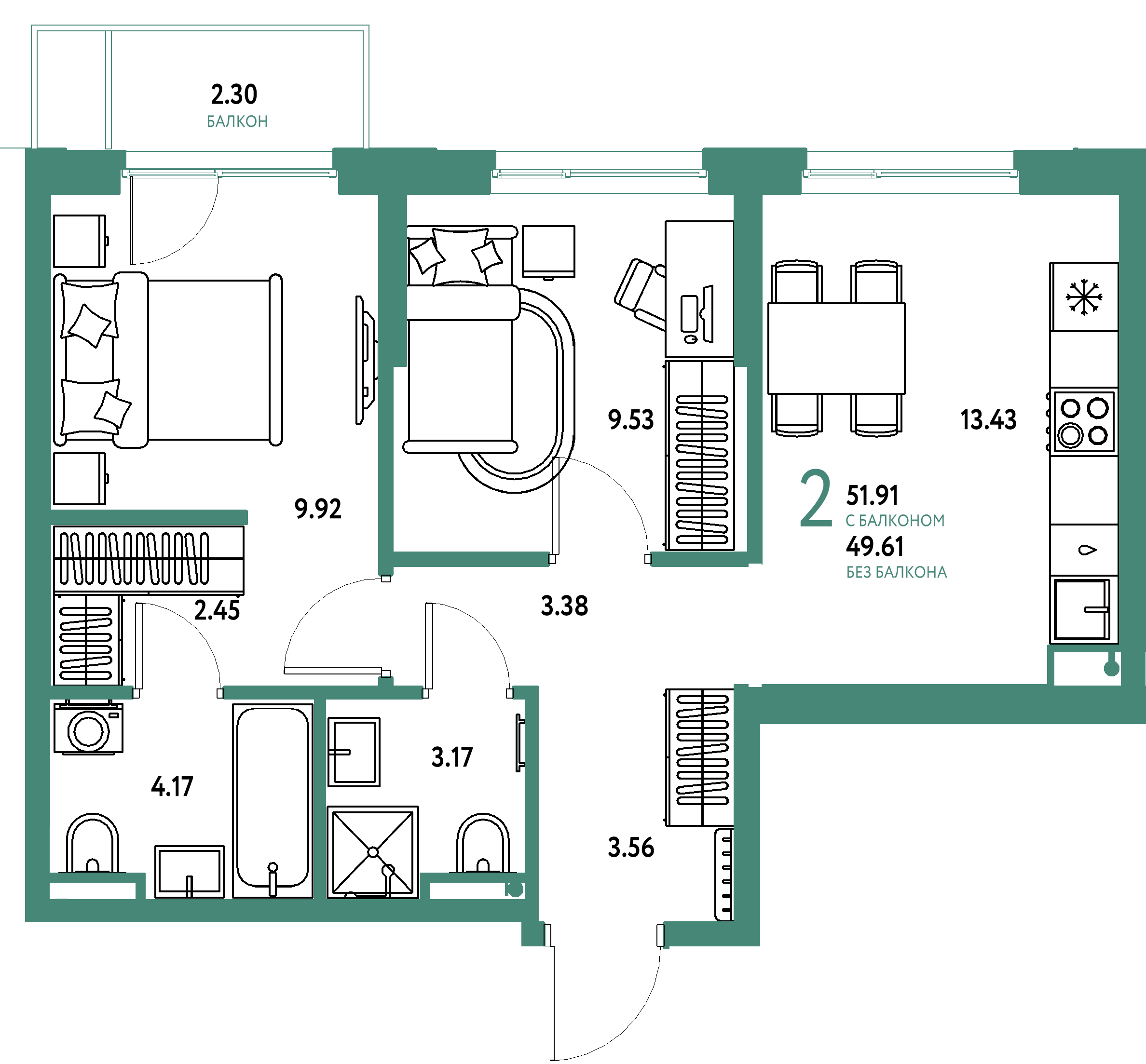 ЖК "Остров-сад"-2-комнатная 51.89 м²