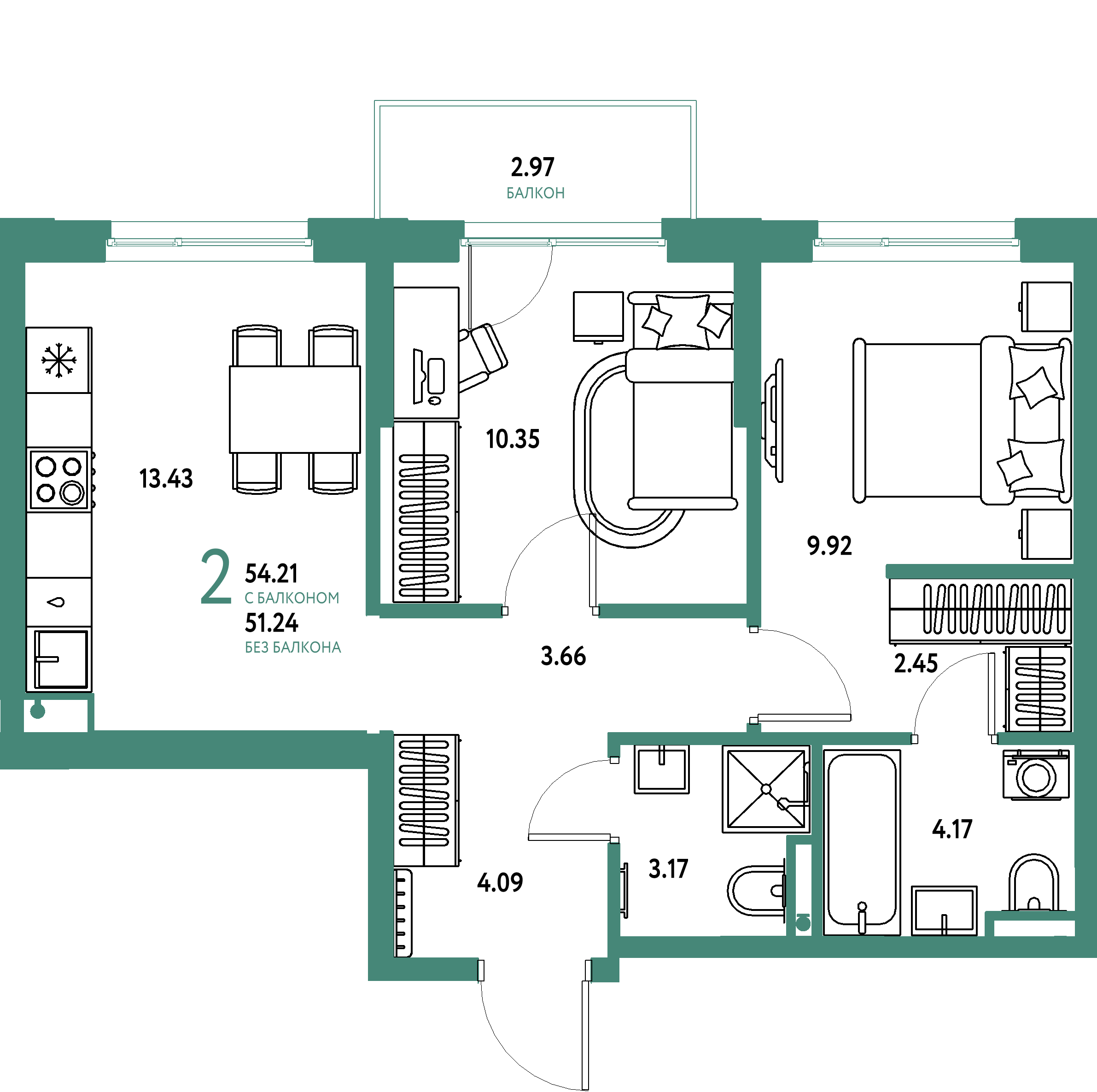 ЖК "Остров-сад"-2-комнатная 54.19 м²