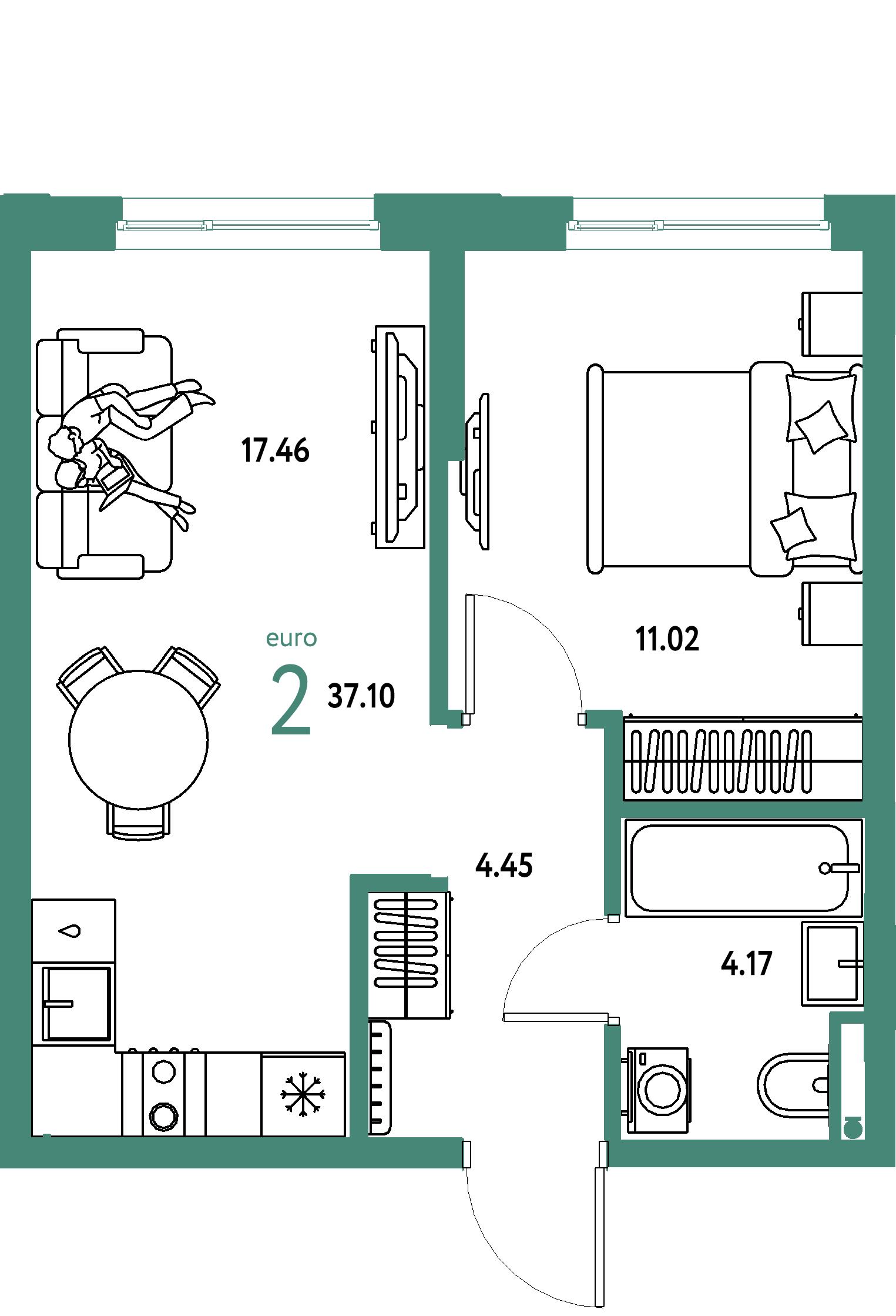ЖК "Остров-сад"-2-комнатная 37.06 м²