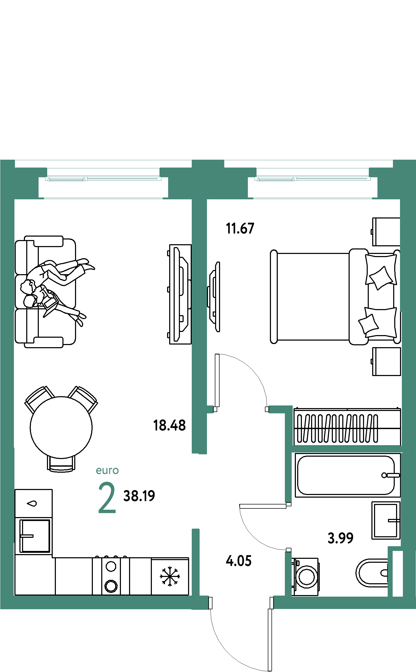 ЖК "Остров-сад"-2-комнатная 38.39 м²