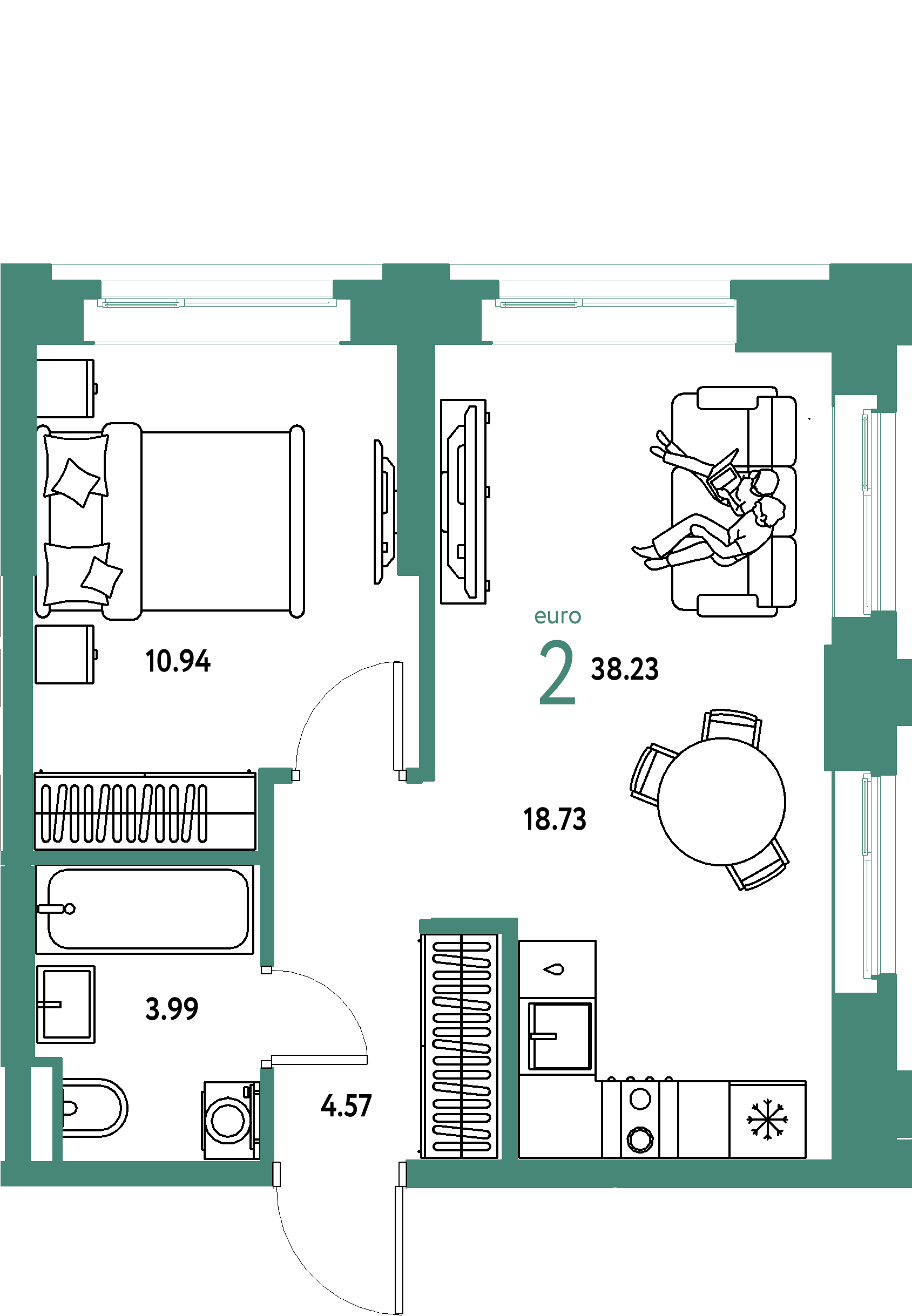 ЖК "Остров-сад"-2-комнатная 38.43 м²