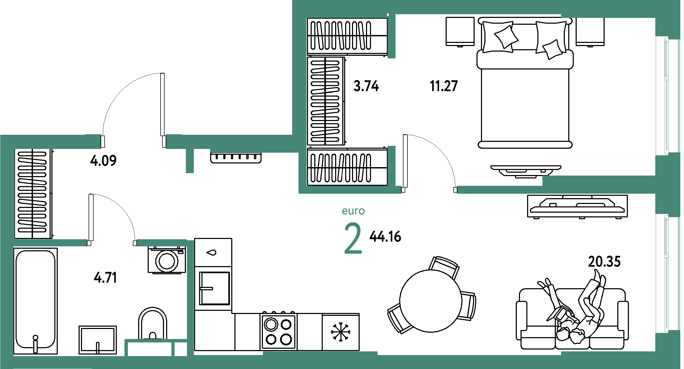 ЖК "Остров-сад"-2-комнатная 44.43 м²