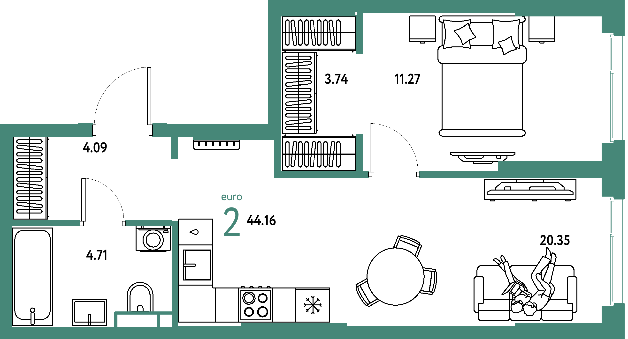 ЖК "Остров-сад"-2-комнатная 44.43 м²