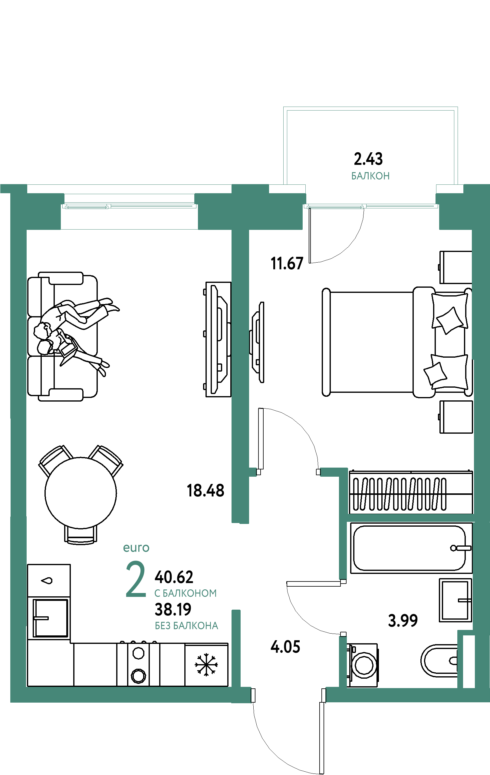ЖК "Остров-сад"-2-комнатная 40.82 м²