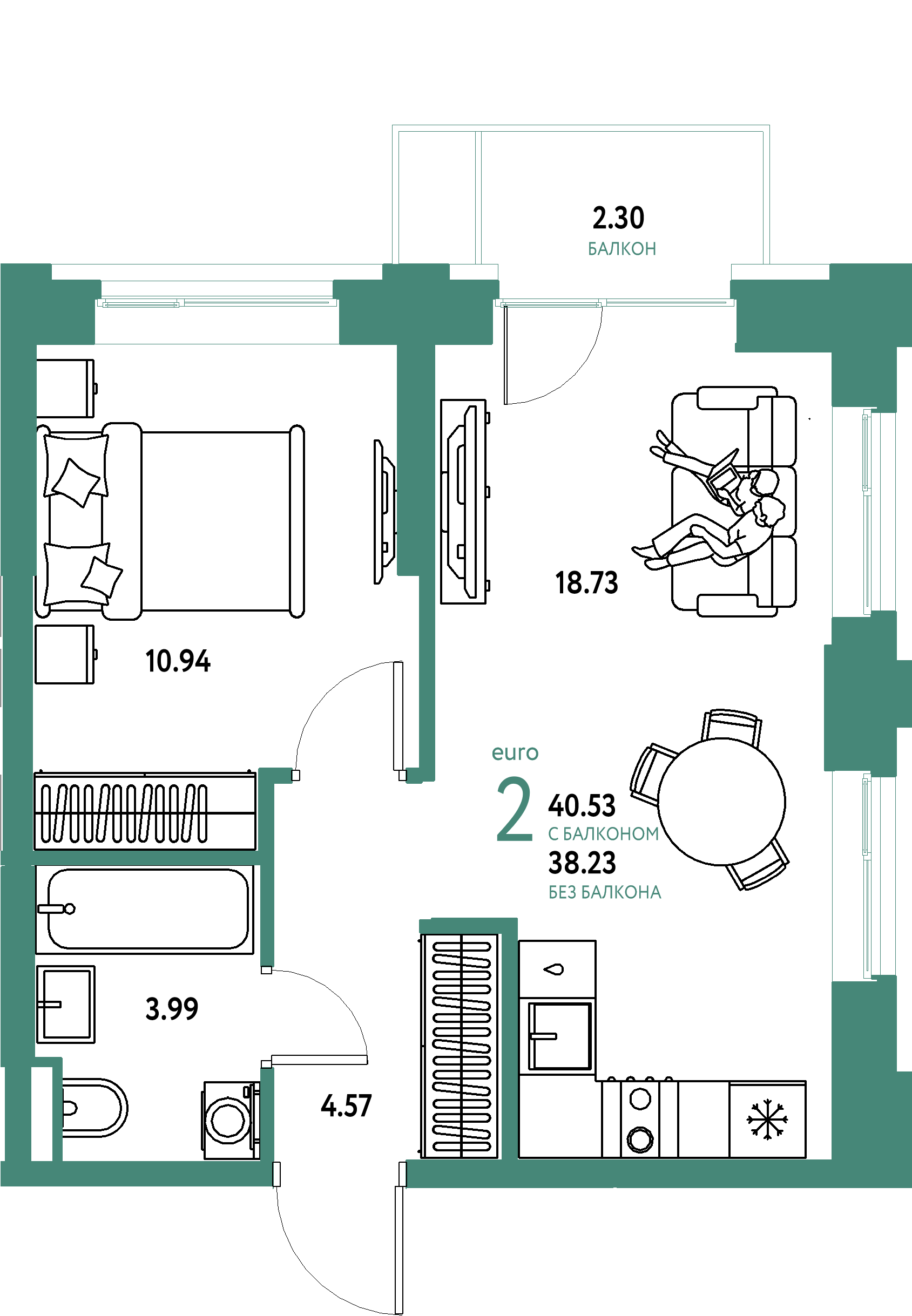 ЖК "Остров-сад"-2-комнатная 40.73 м²