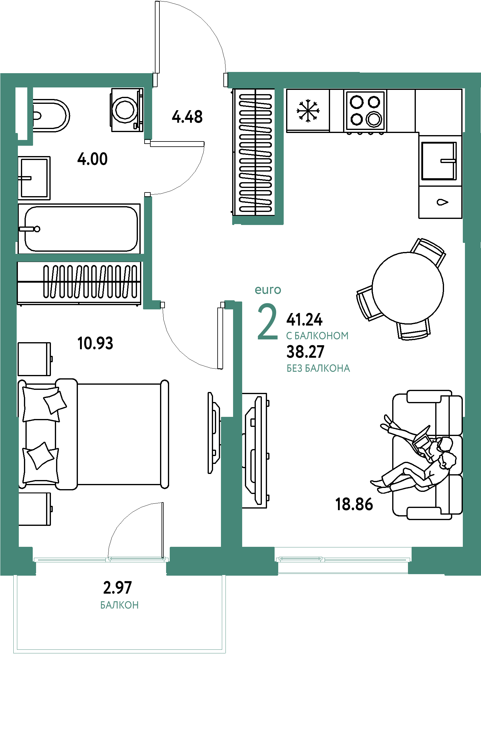 ЖК "Остров-сад"-2-комнатная 41.43 м²