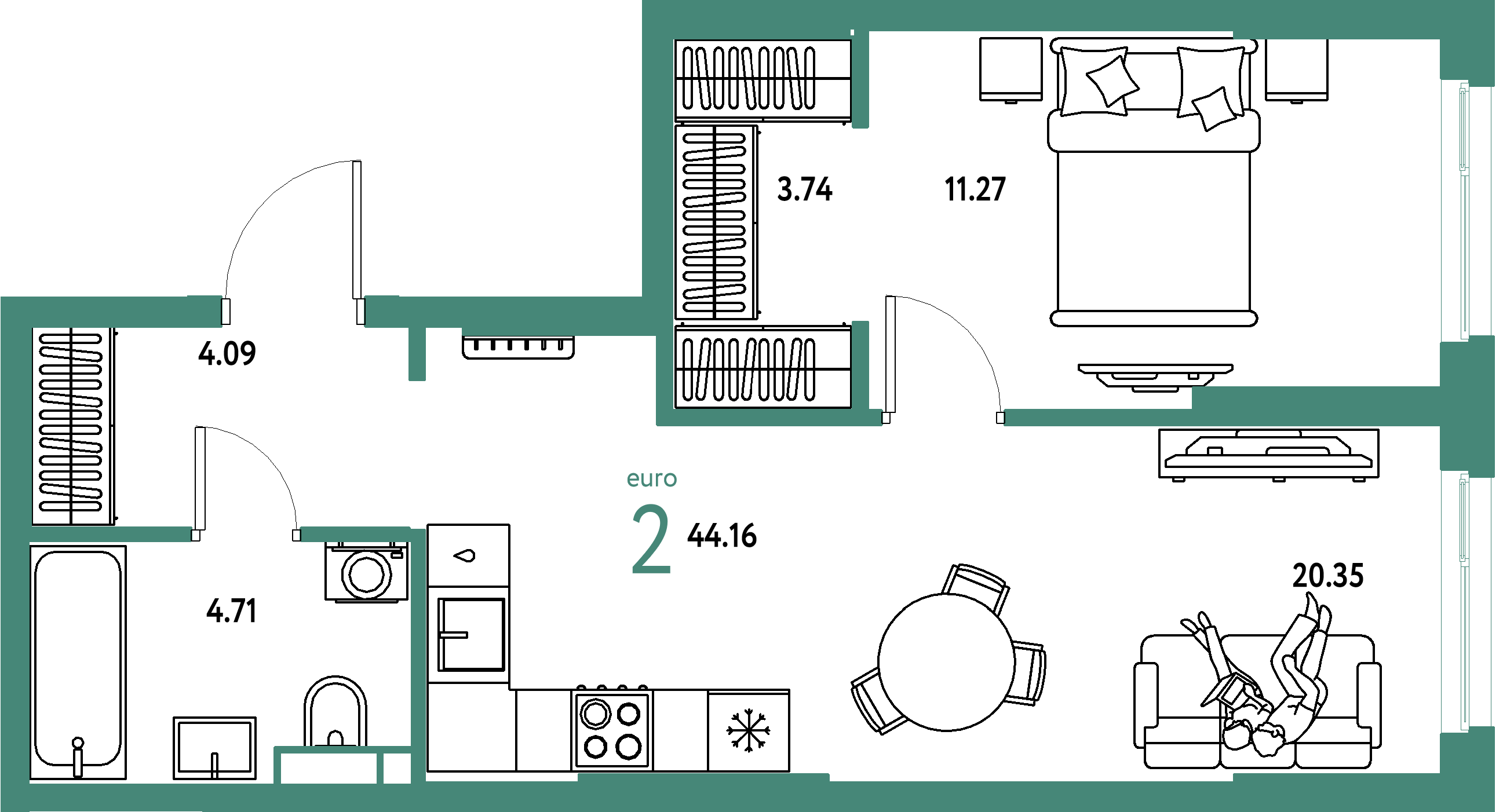 ЖК "Остров-сад"-2-комнатная 44.43 м²