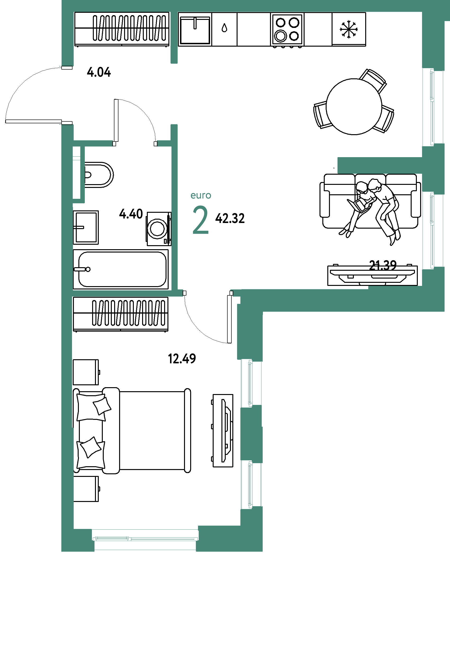 ЖК "Остров-сад"-2-комнатная 42.54 м²