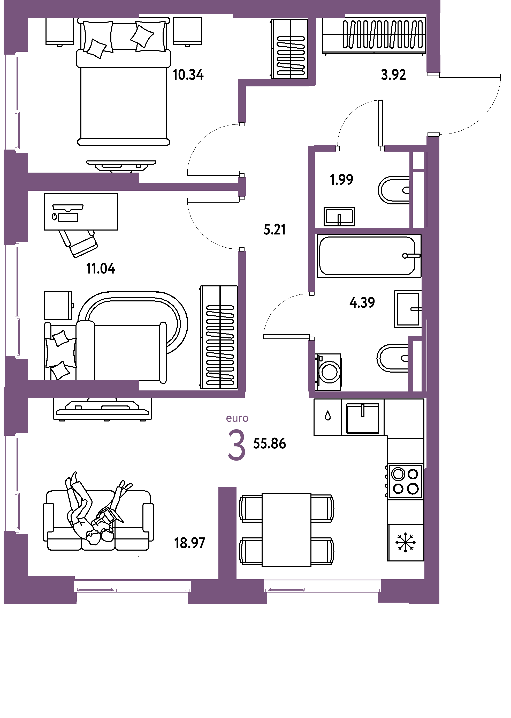 ЖК "Остров-сад"-3-комнатная 56.63 м²