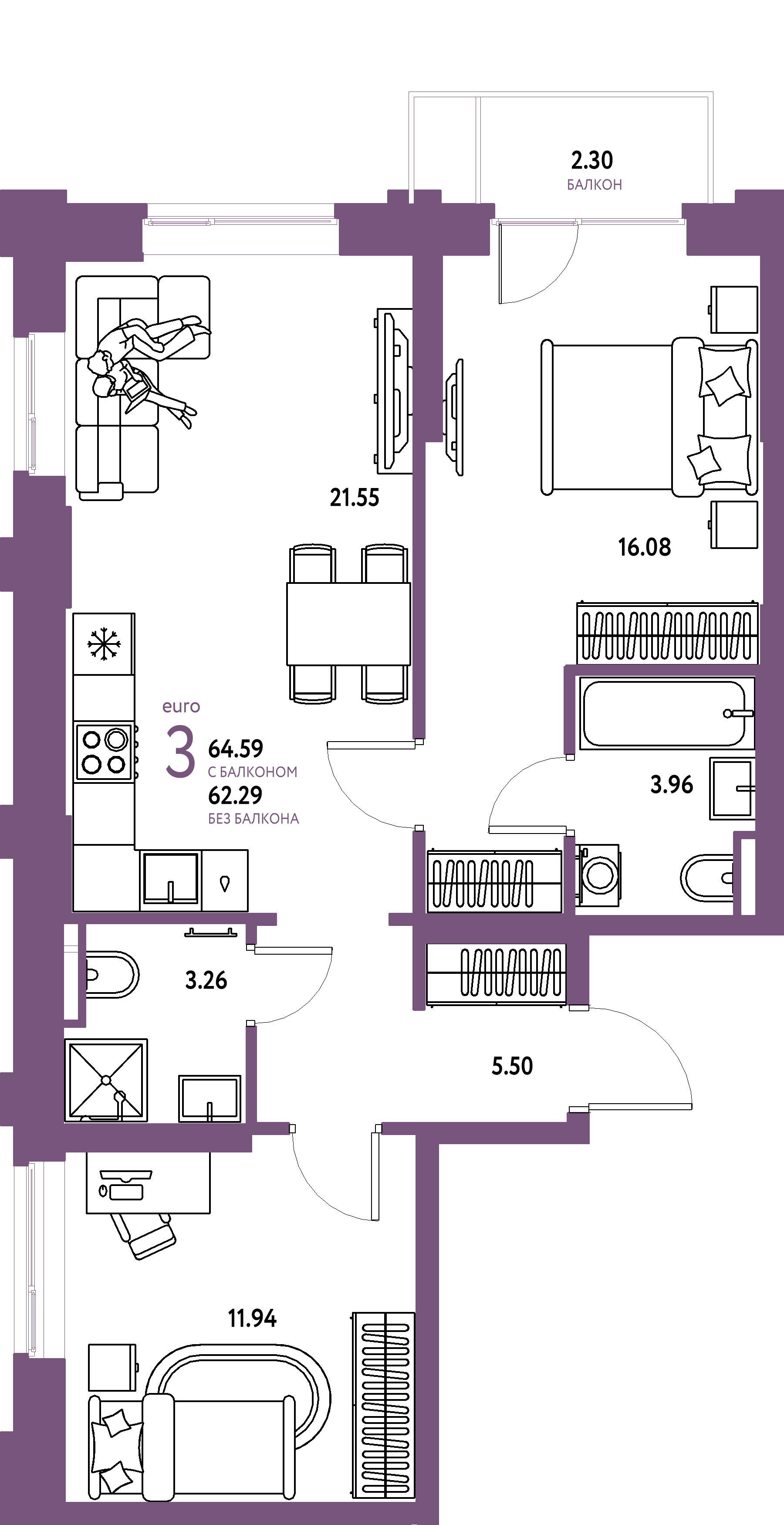 ЖК "Остров-сад"-3-комнатная 65.42 м²