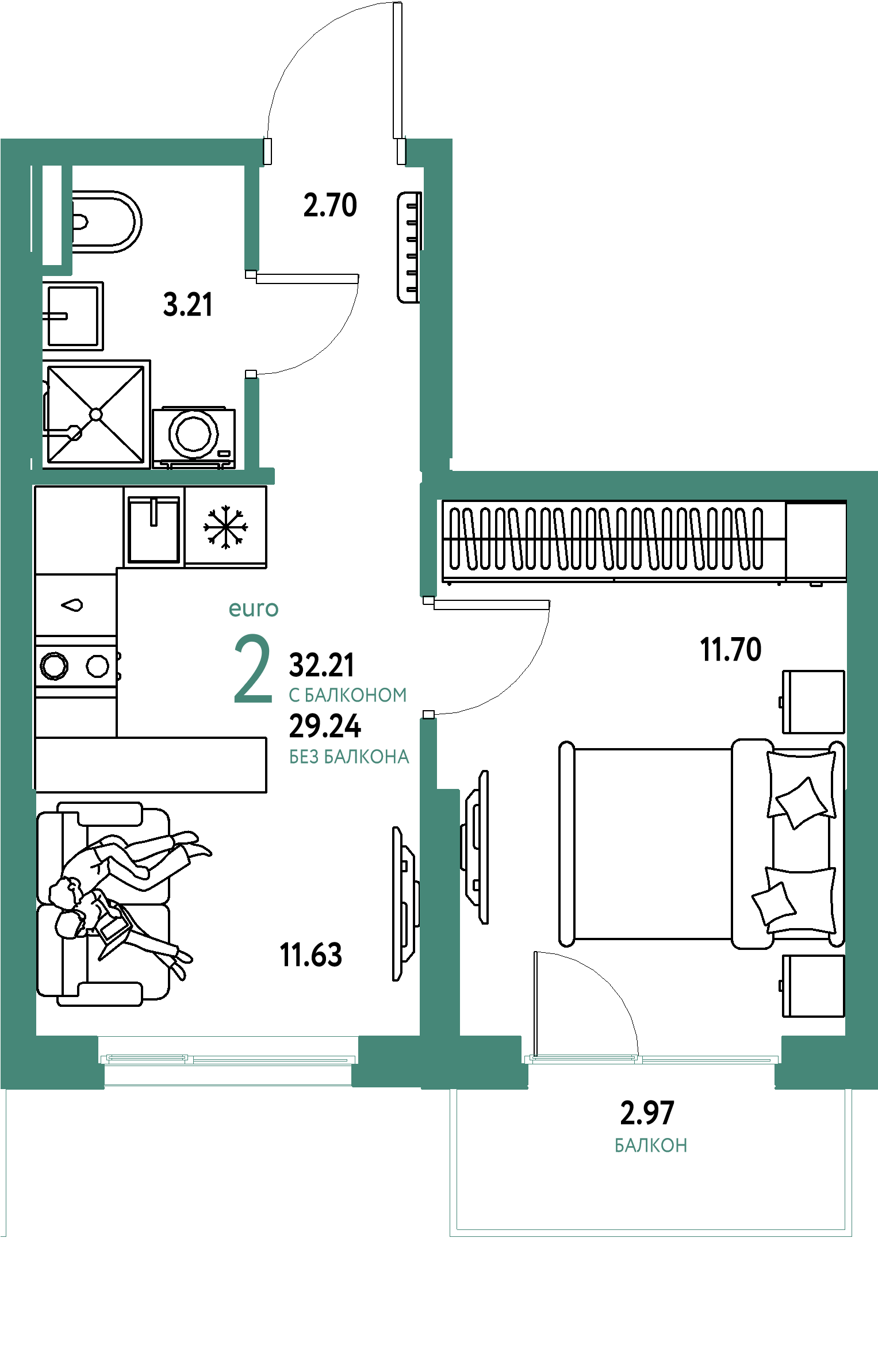 ЖК "Остров-сад"-2-комнатная 32.55 м²