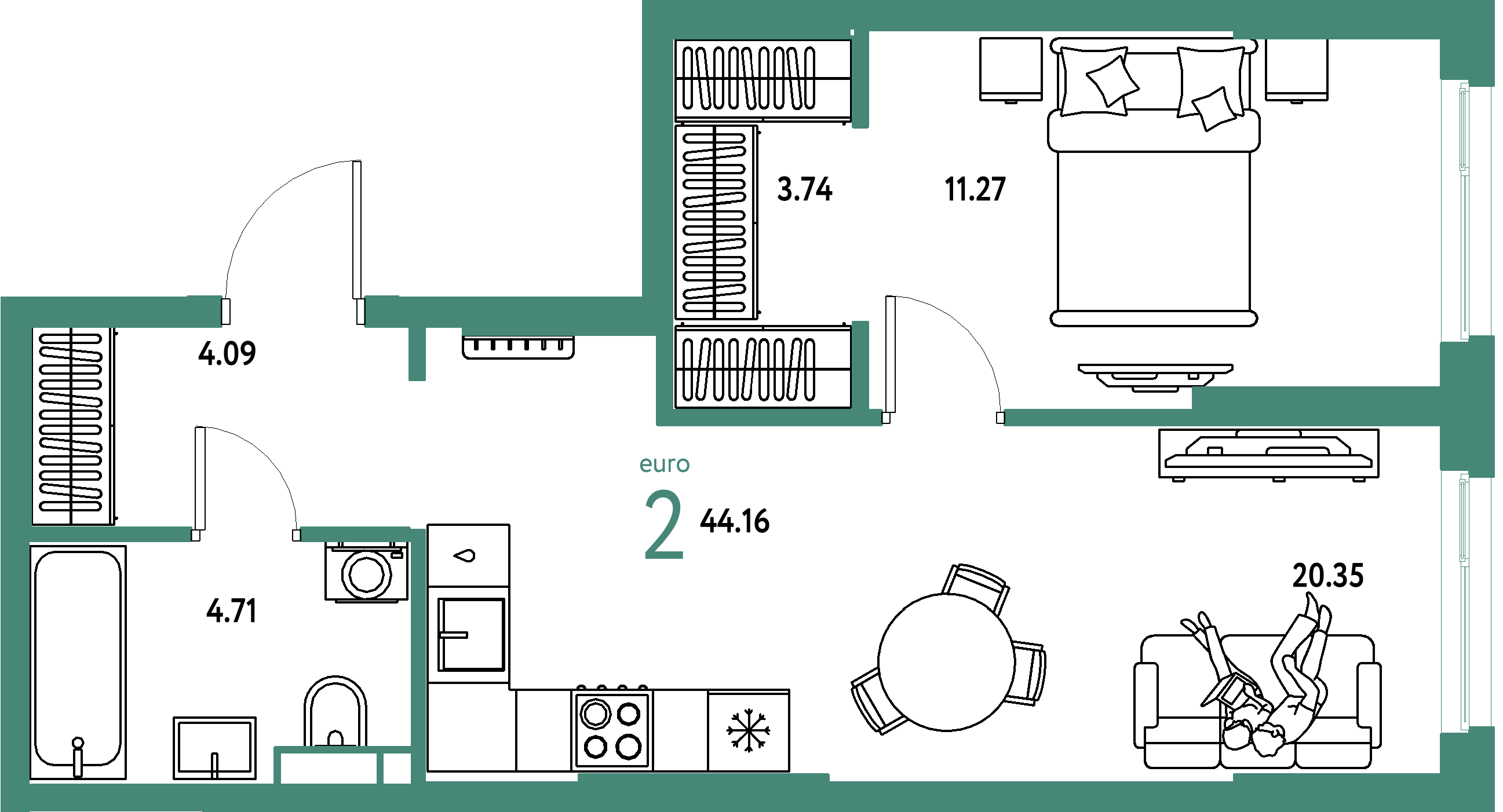 ЖК "Остров-сад"-2-комнатная 44.43 м²