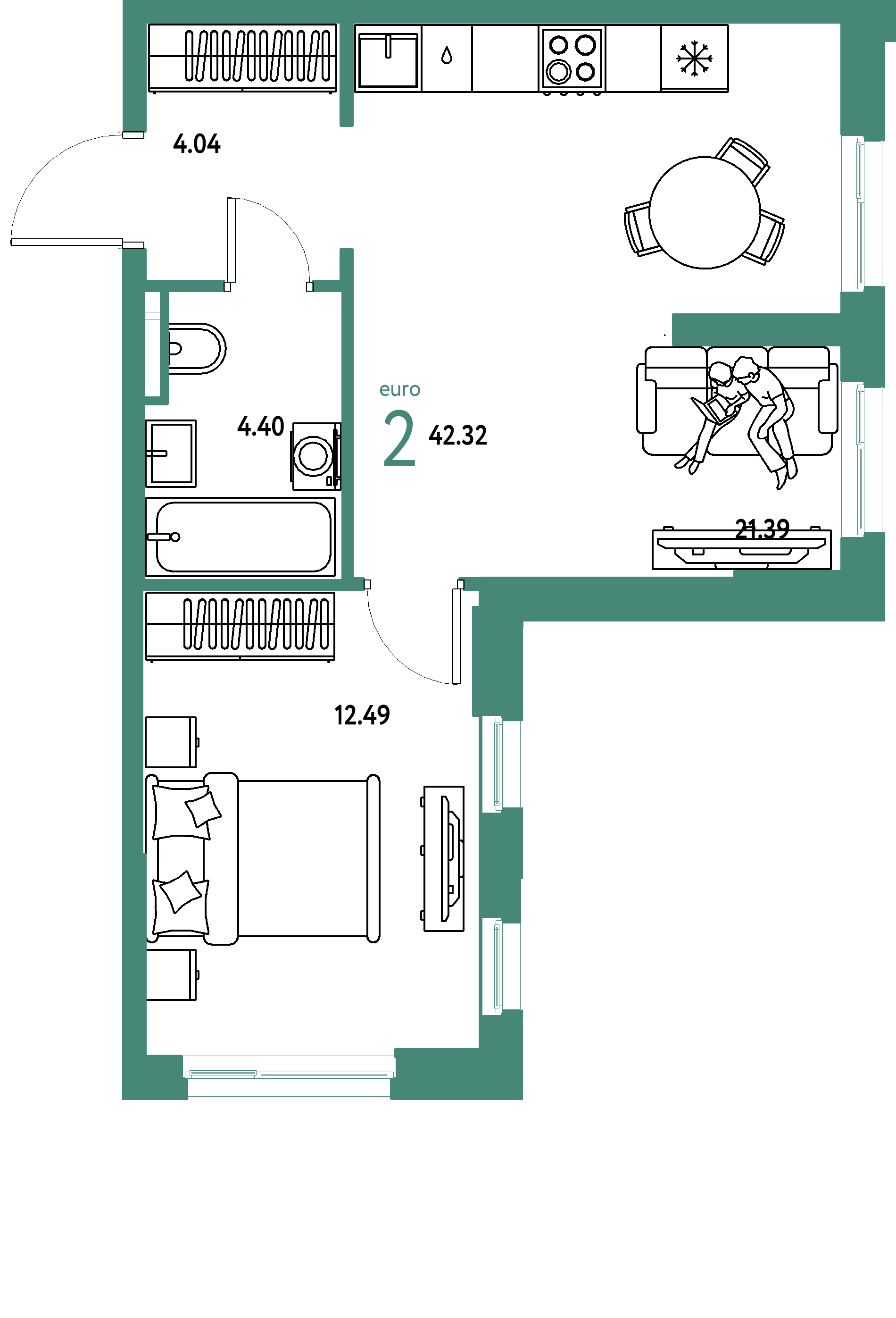 ЖК "Остров-сад"-2-комнатная 42.54 м²