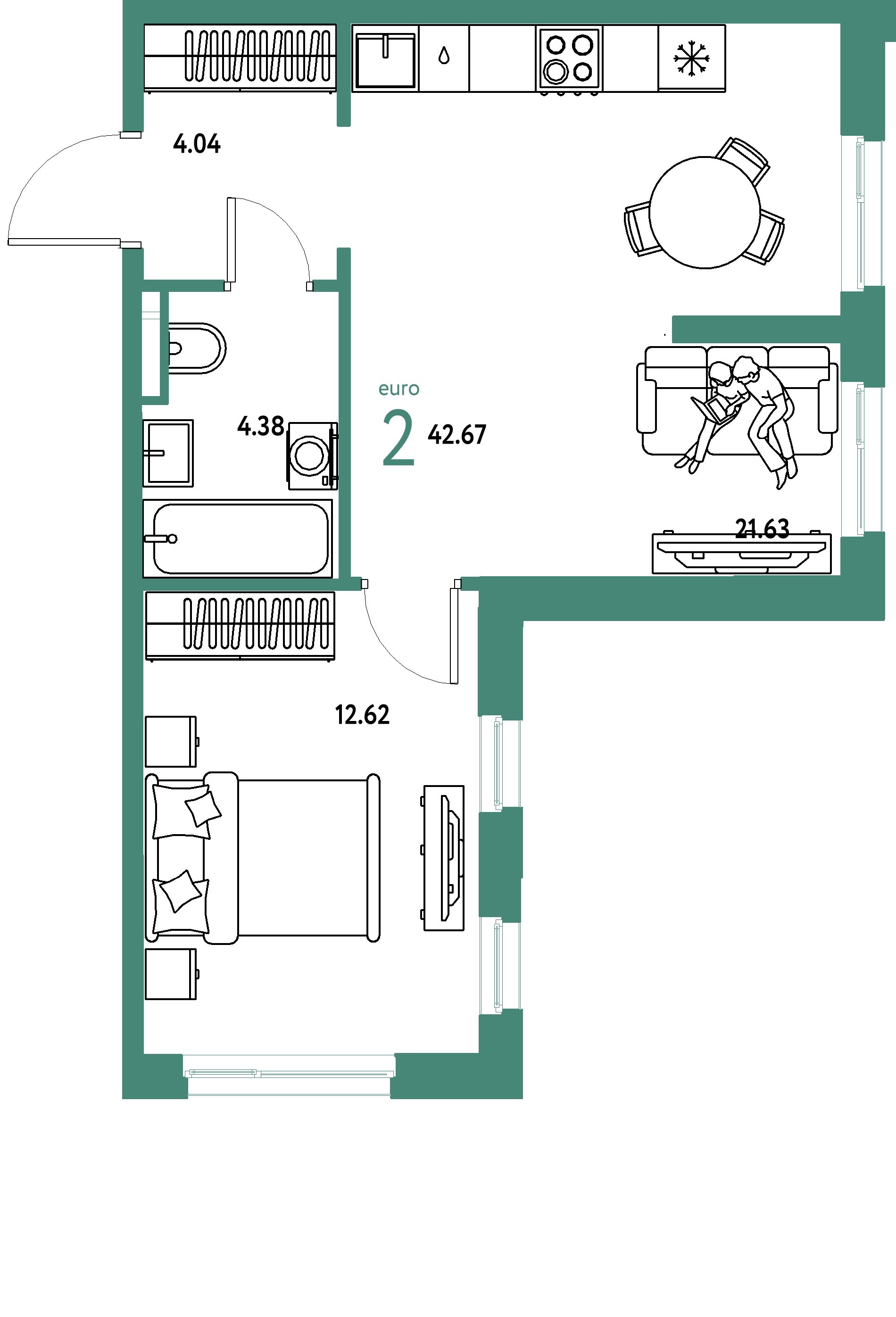 ЖК "Остров-сад"-2-комнатная 42.91 м²
