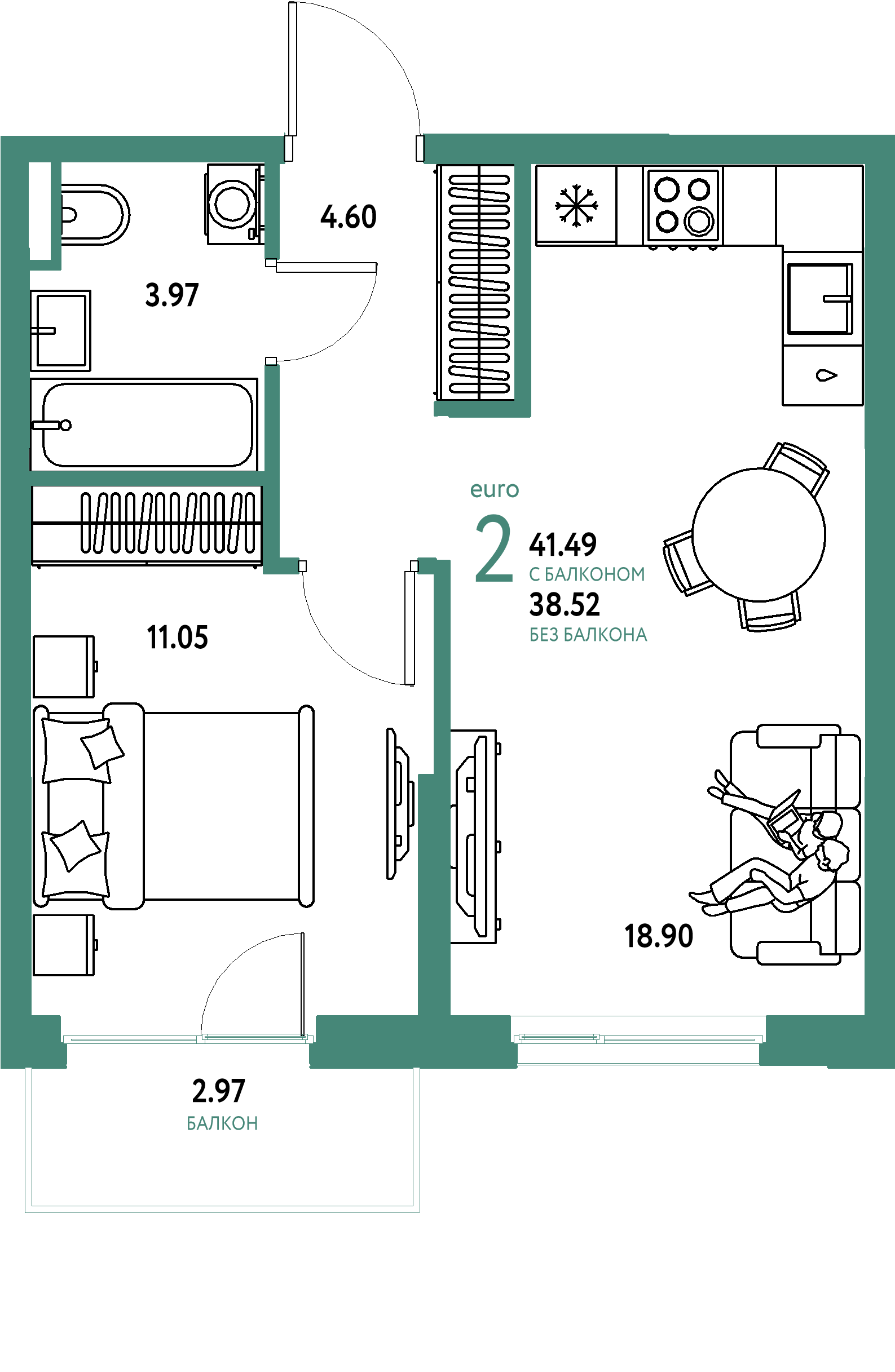 ЖК "Остров-сад"-2-комнатная 41.69 м²
