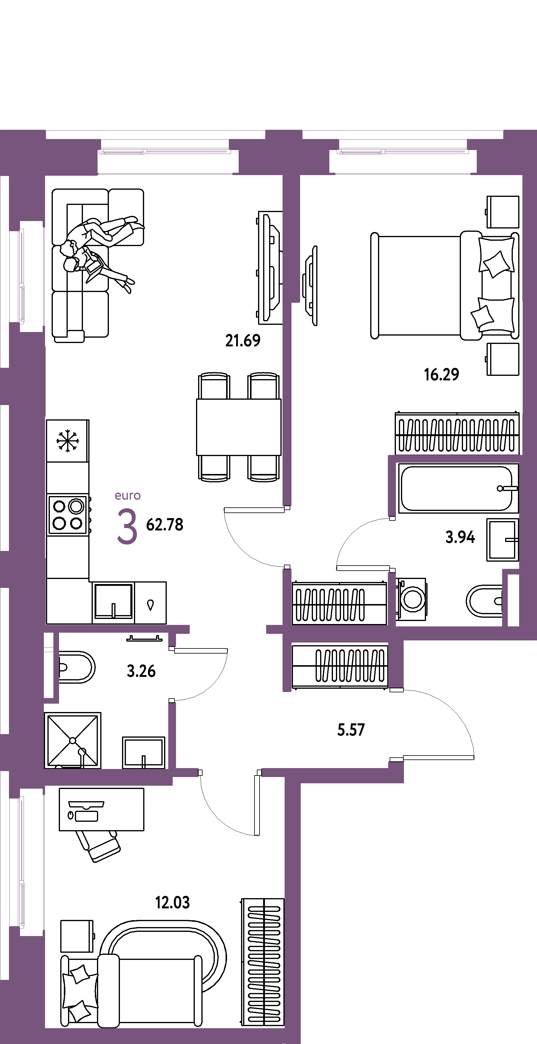 ЖК "Остров-сад"-3-комнатная 63.34 м²