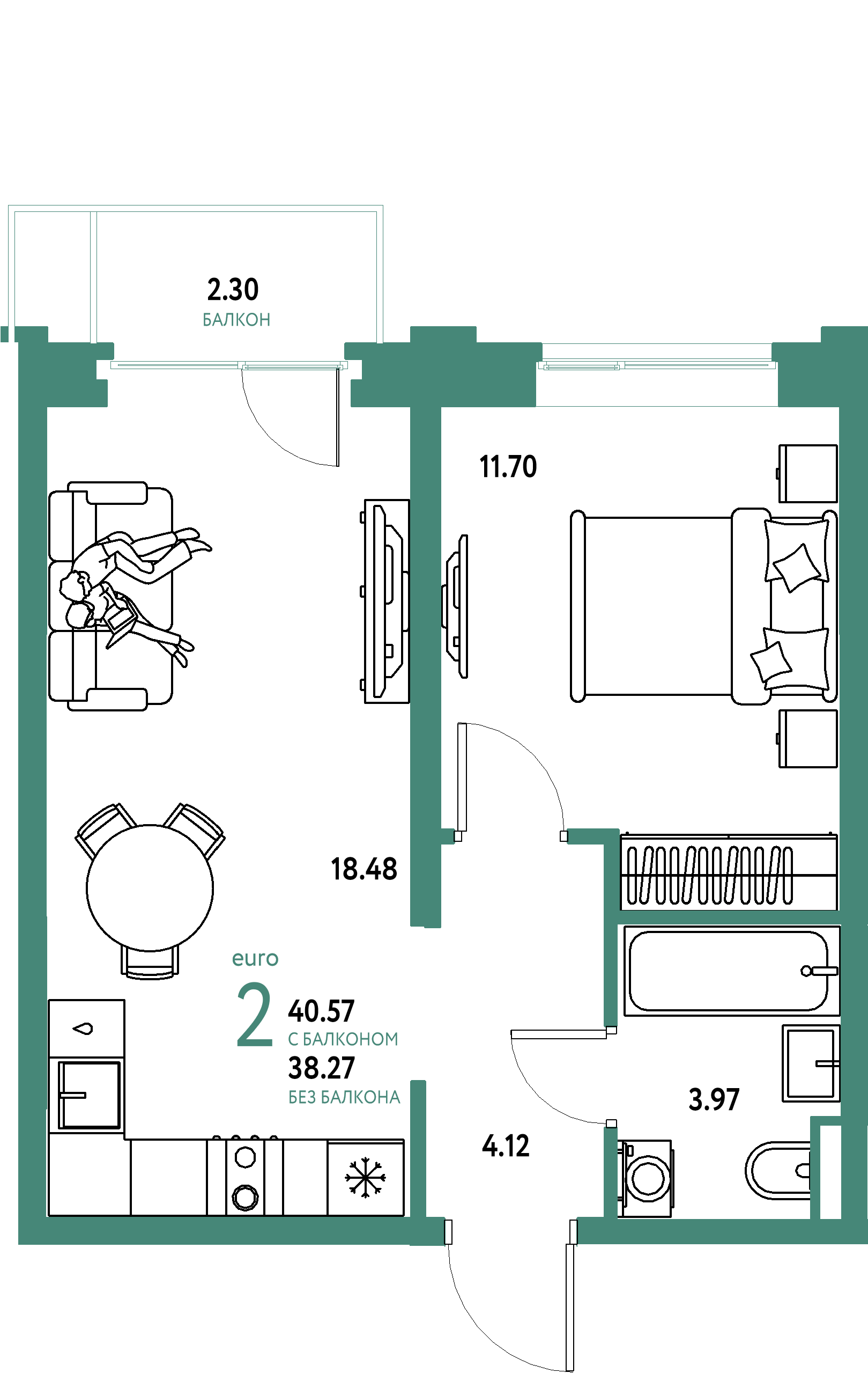 ЖК "Остров-сад"-2-комнатная 41.06 м²