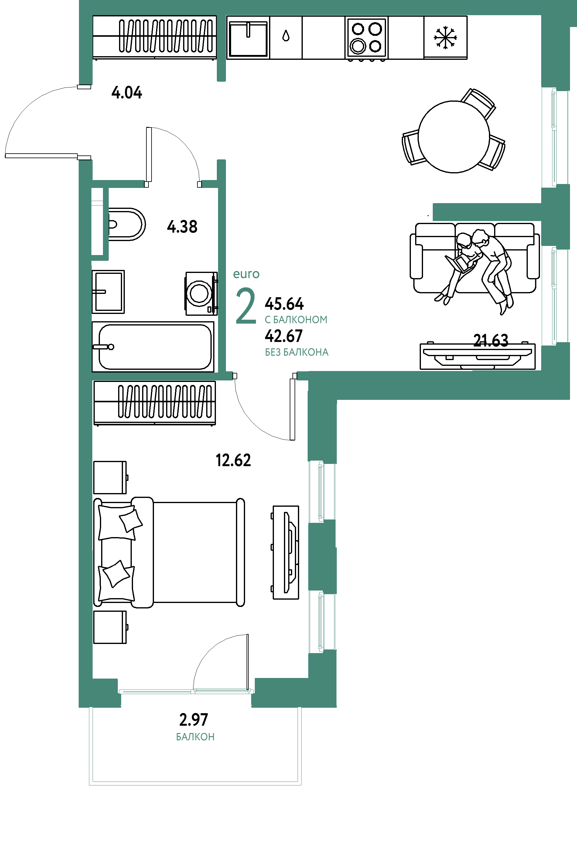 ЖК "Остров-сад"-2-комнатная 45.88 м²