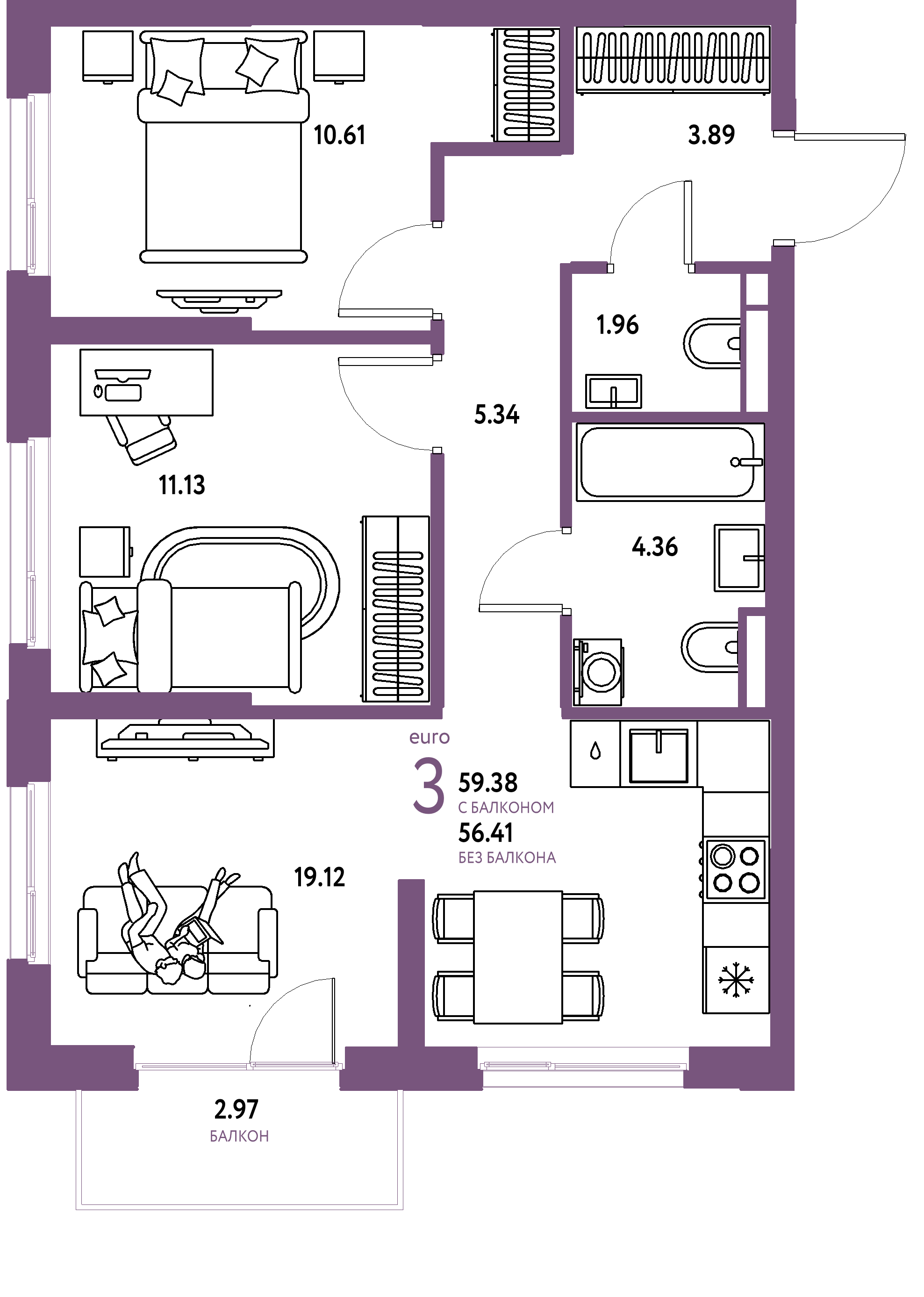 ЖК "Остров-сад"-3-комнатная 60.15 м²