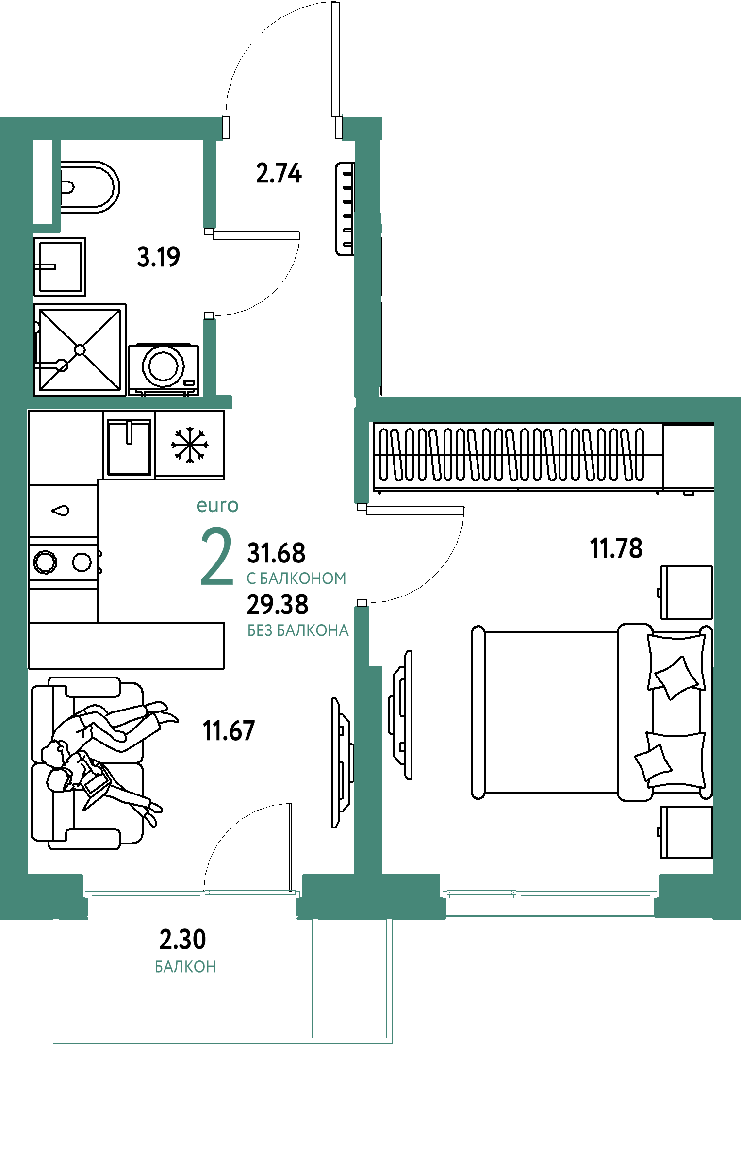 ЖК "Остров-сад"-2-комнатная 32.02 м²