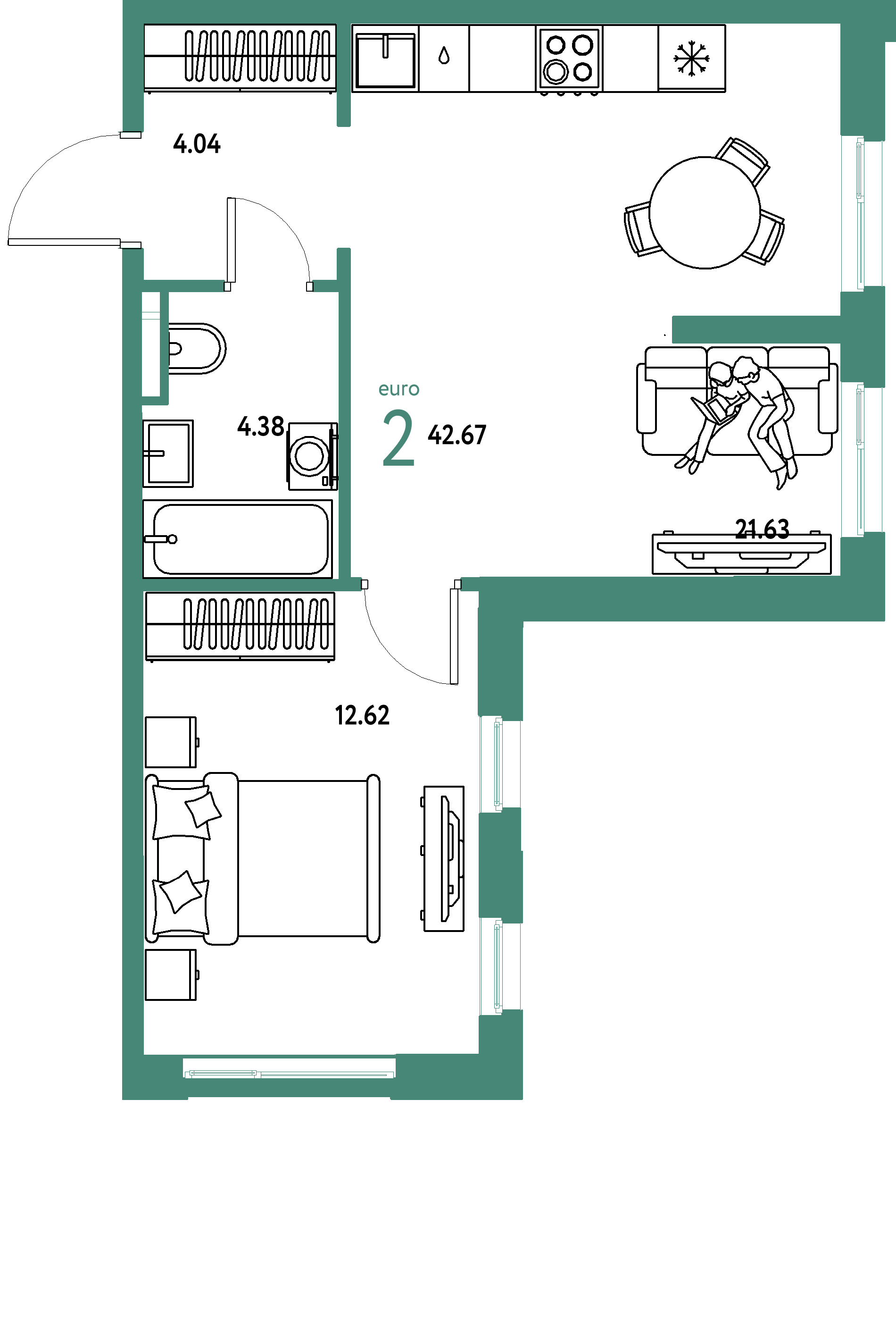 ЖК "Остров-сад"-2-комнатная 42.91 м²