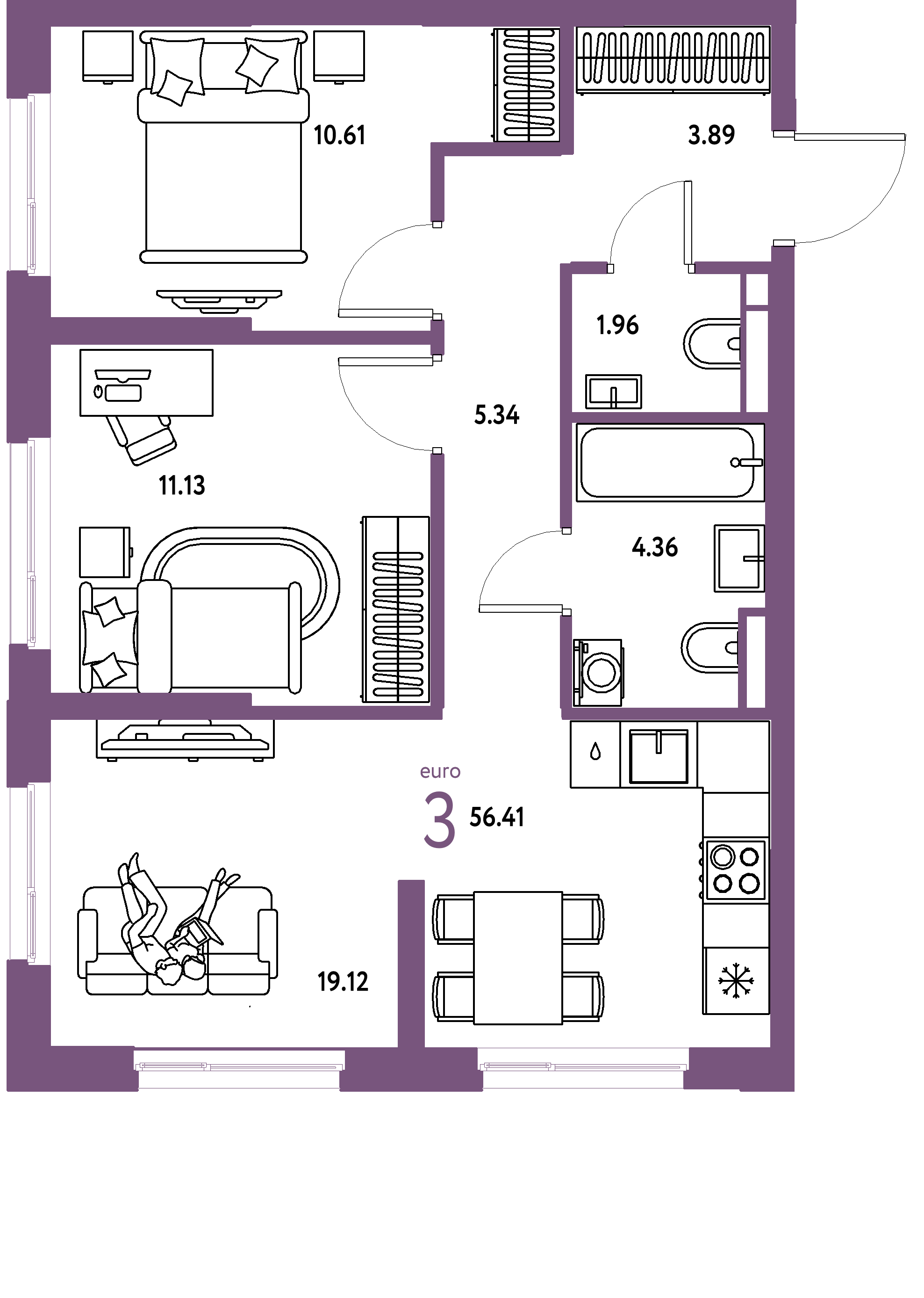 ЖК "Остров-сад"-3-комнатная 57.18 м²