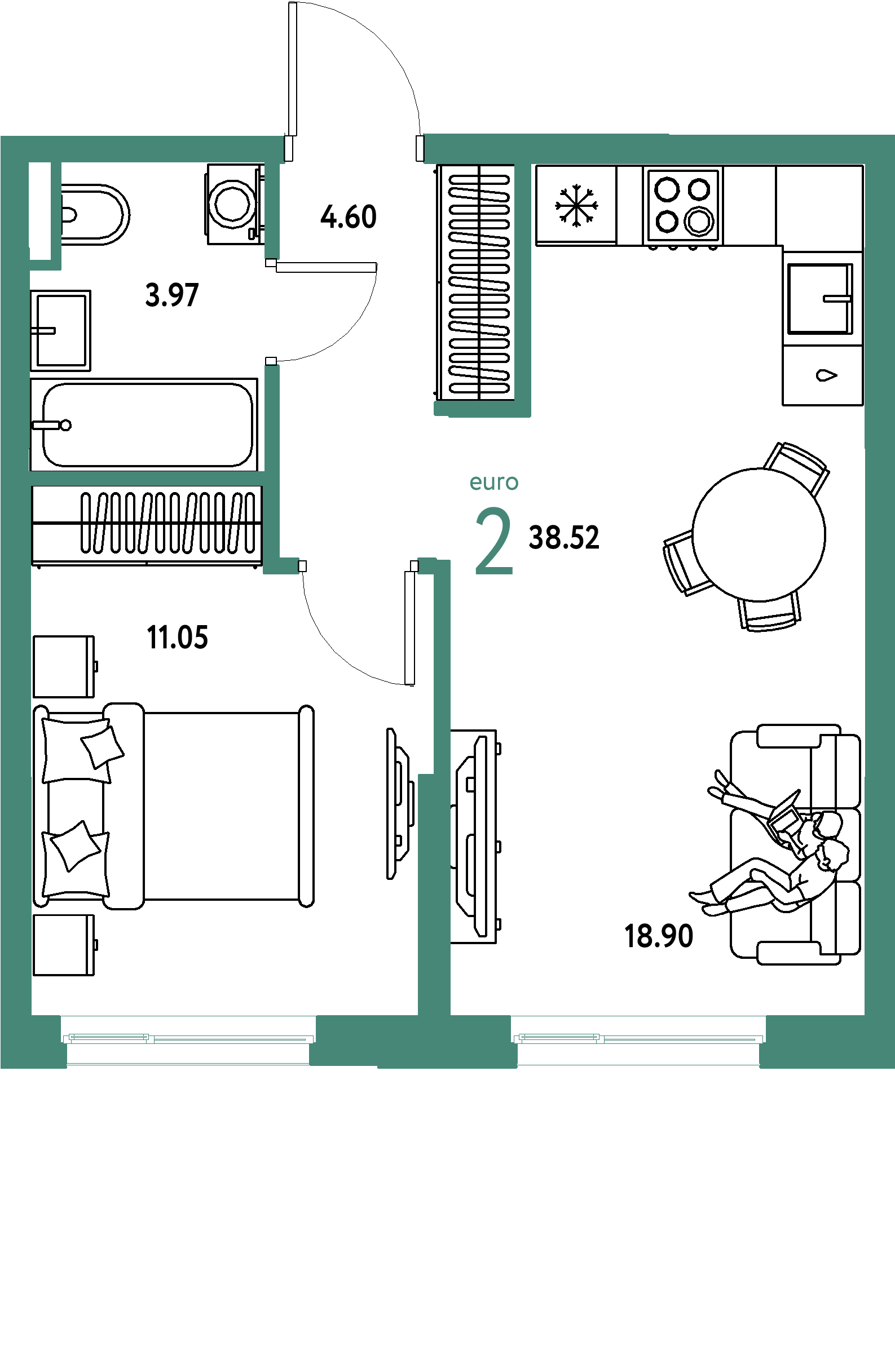 ЖК "Остров-сад"-2-комнатная 38.72 м²