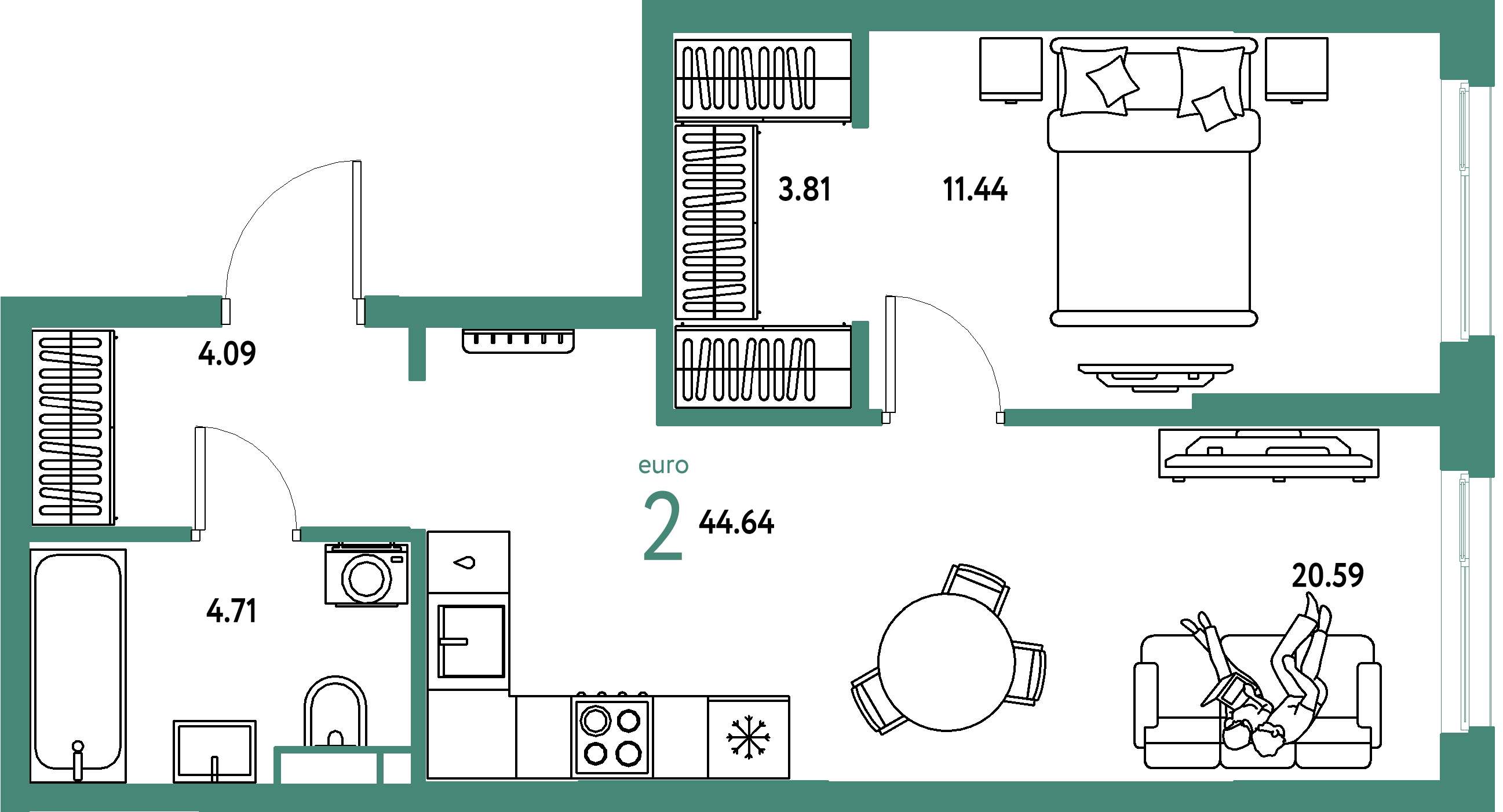 ЖК "Остров-сад"-2-комнатная 44.91 м²