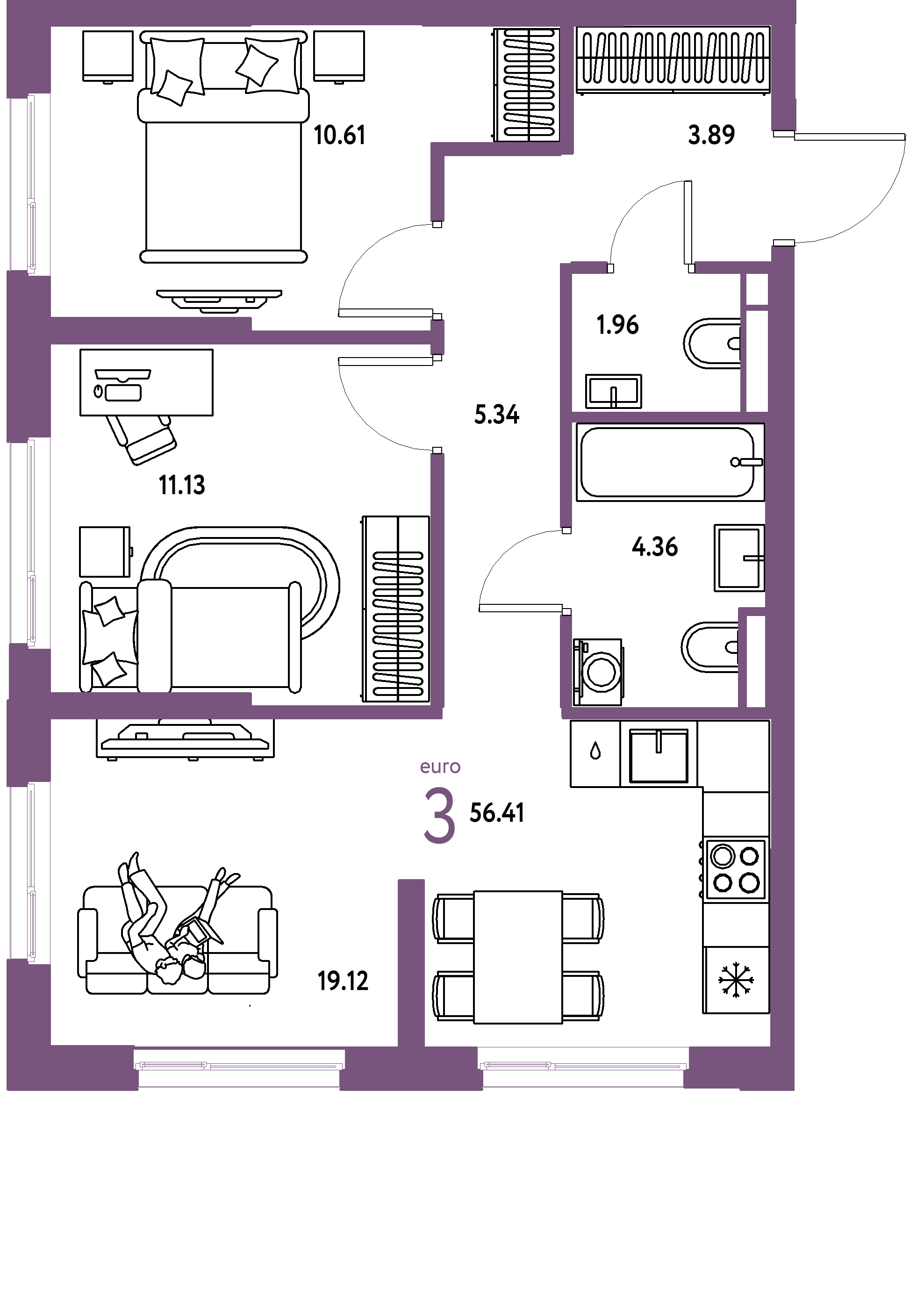 ЖК "Остров-сад"-3-комнатная 57.18 м²