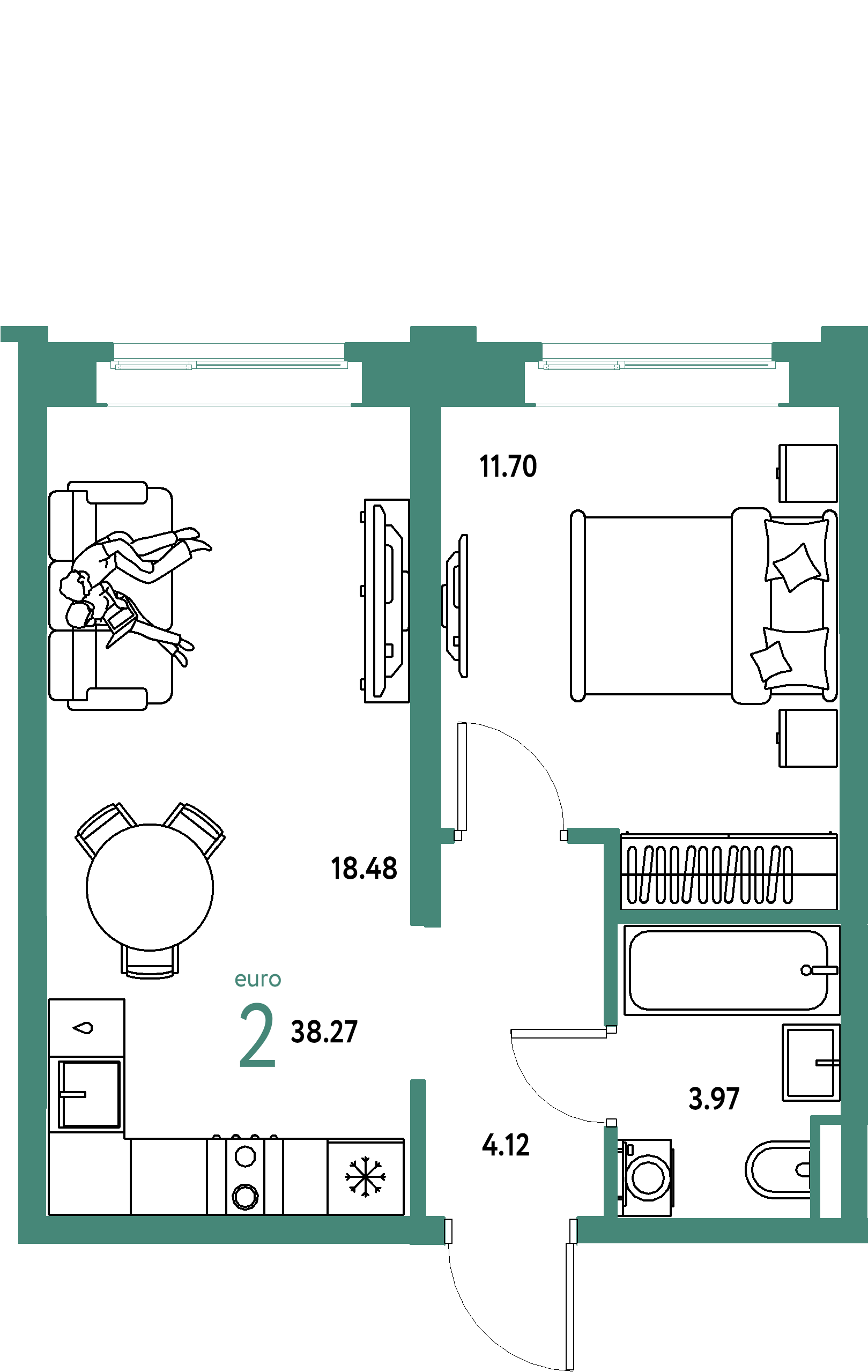ЖК "Остров-сад"-2-комнатная 38.47 м²
