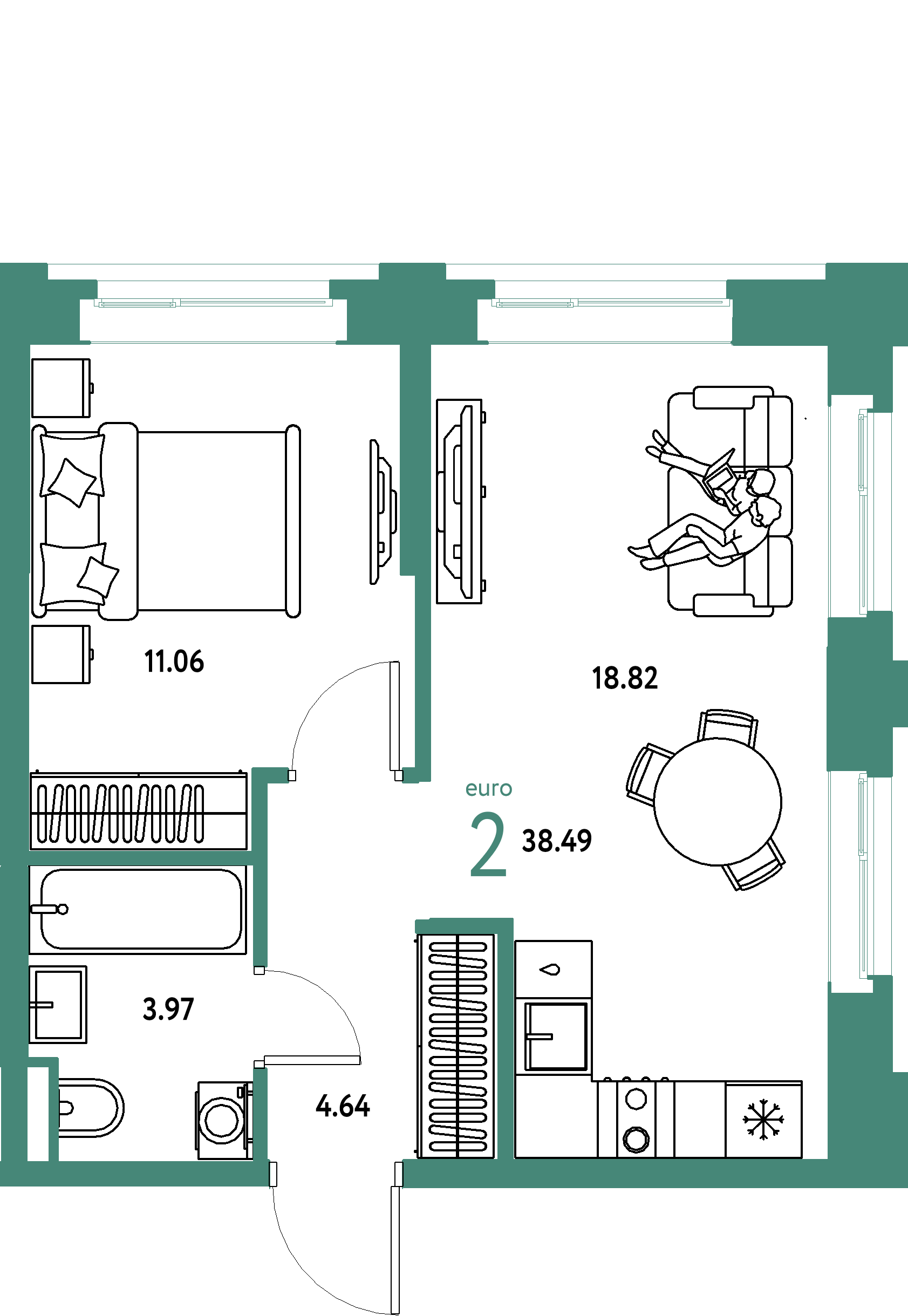 ЖК "Остров-сад"-2-комнатная 38.69 м²