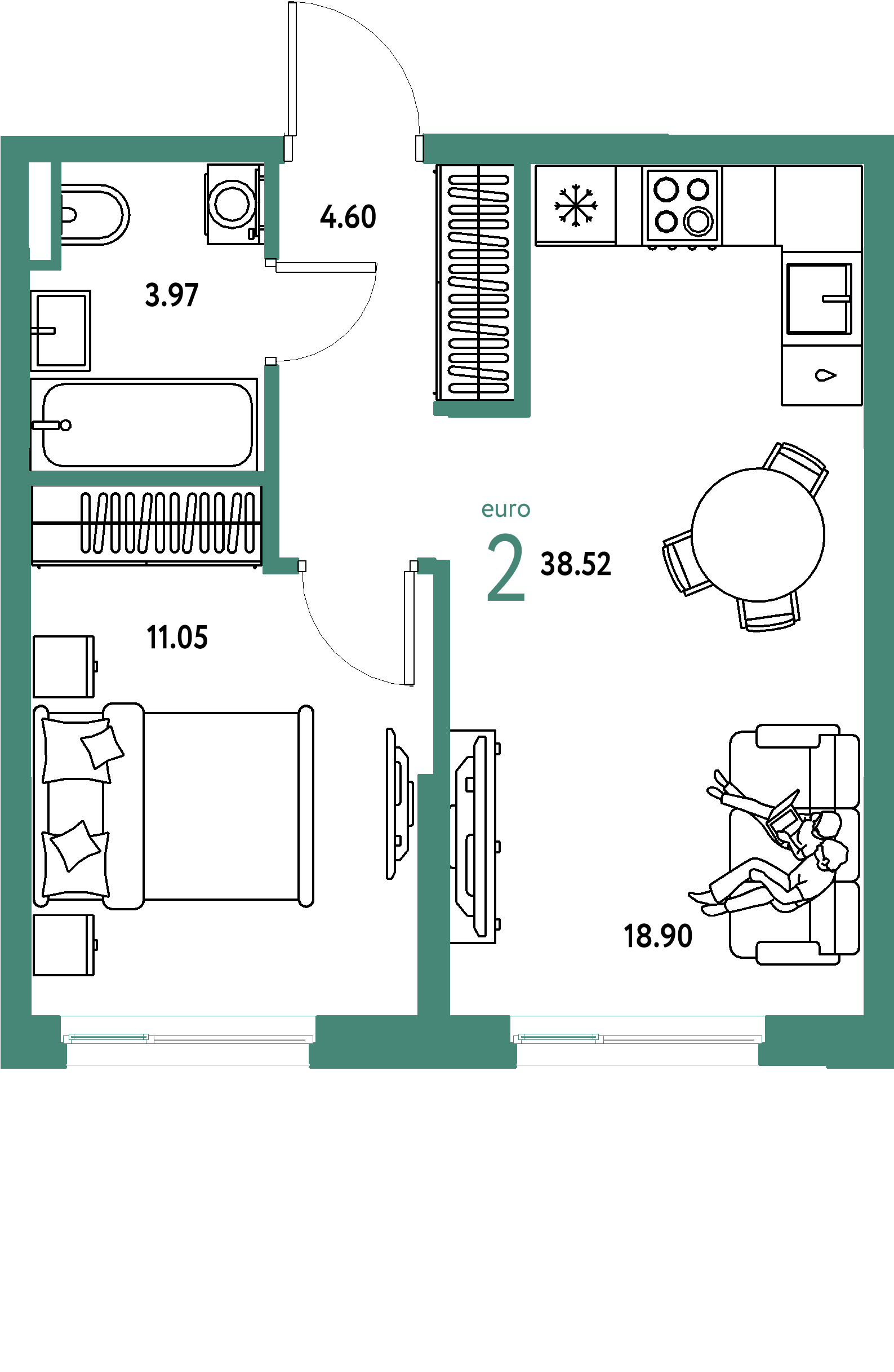 ЖК "Остров-сад"-2-комнатная 38.72 м²