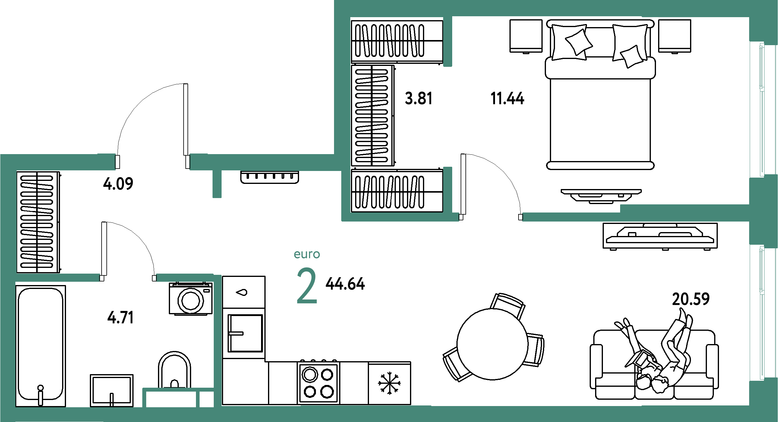 ЖК "Остров-сад"-2-комнатная 44.91 м²