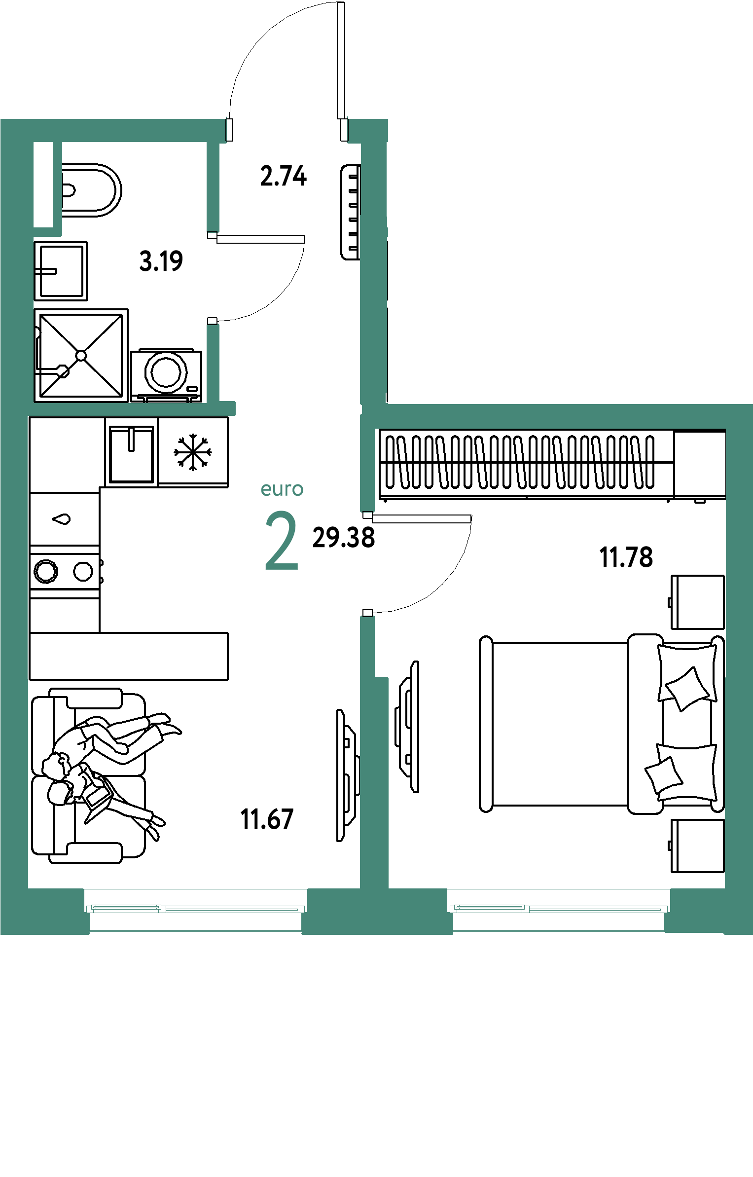 ЖК "Остров-сад"-2-комнатная 29.72 м²