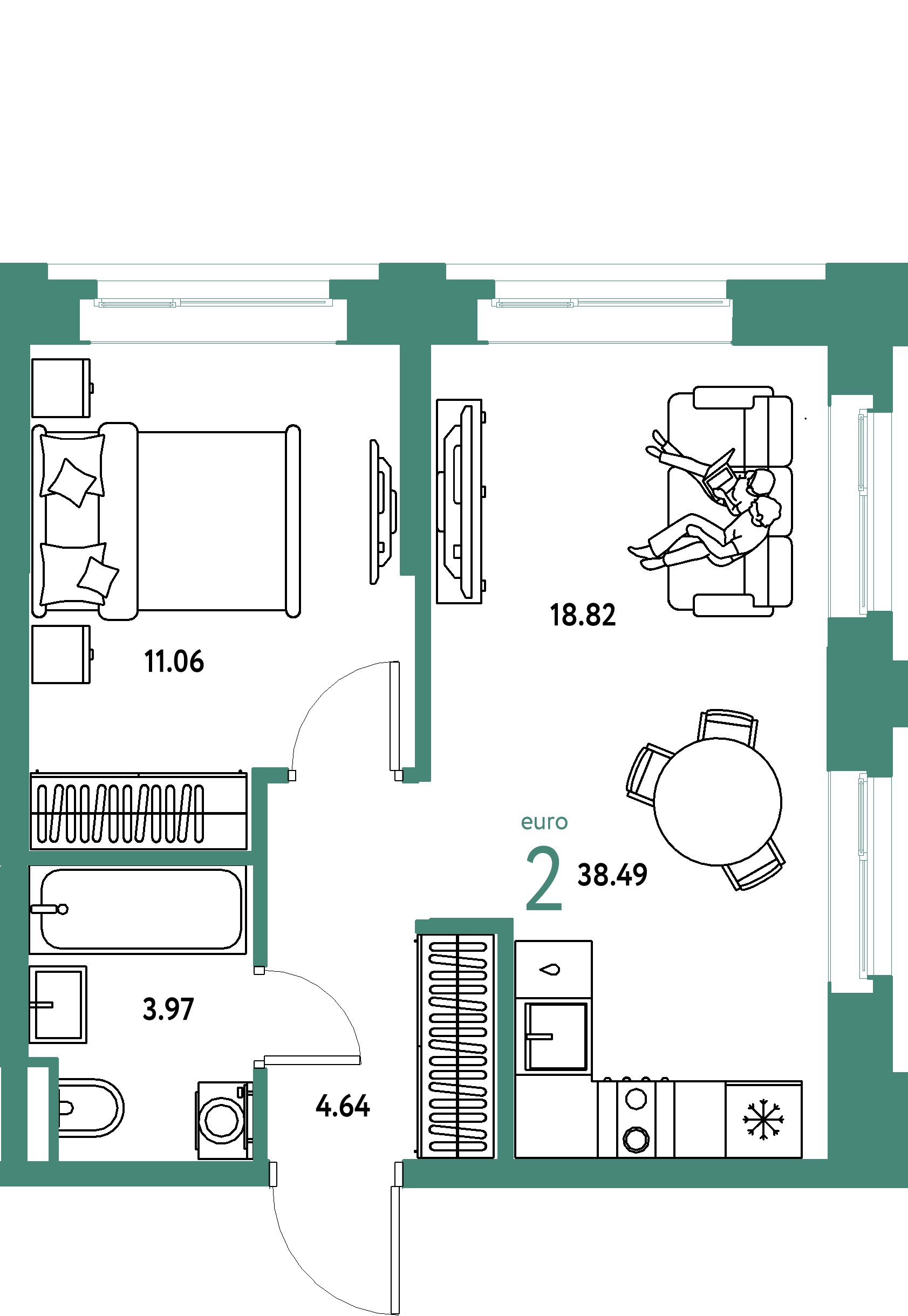 ЖК "Остров-сад"-2-комнатная 38.69 м²