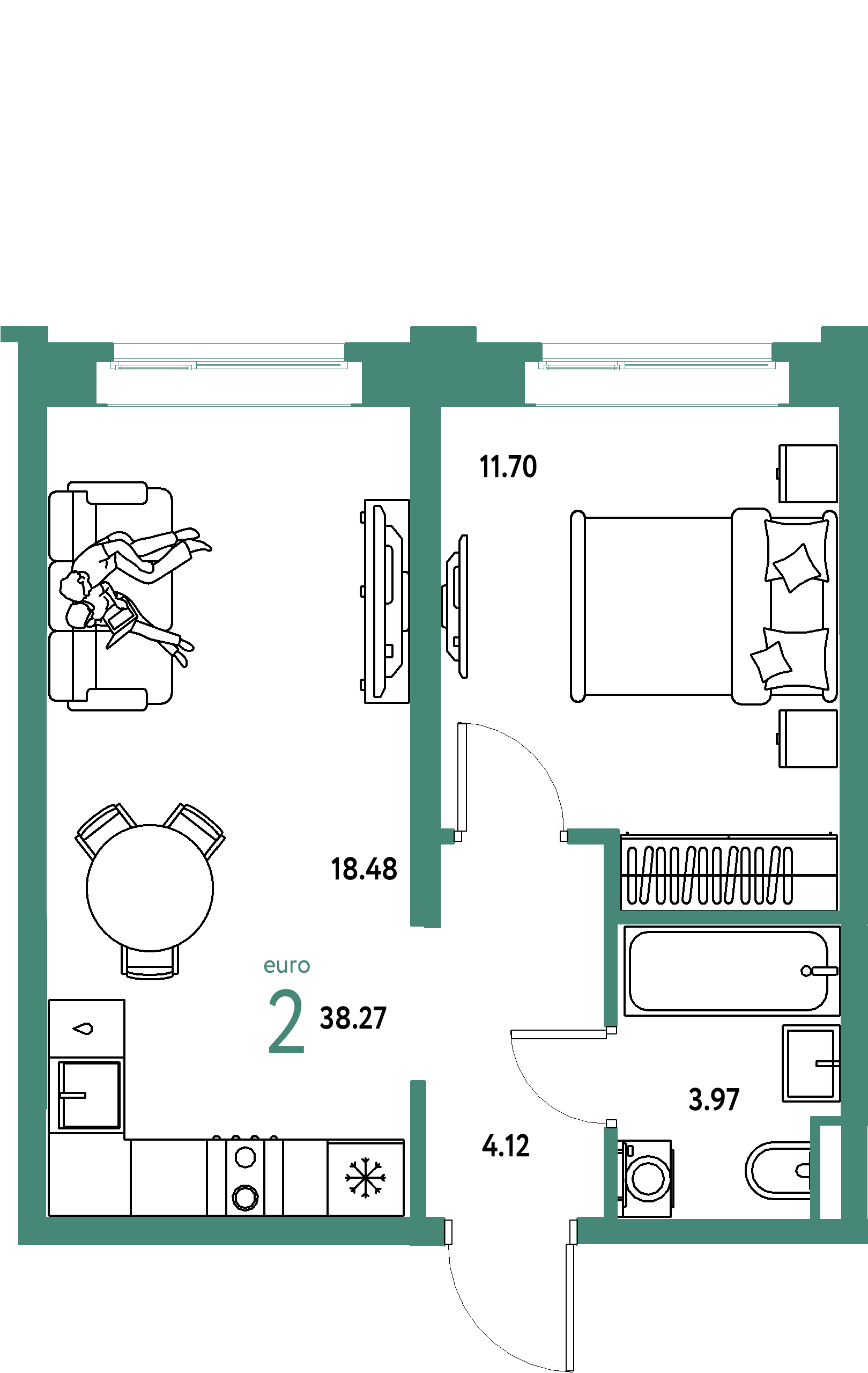 ЖК "Остров-сад"-2-комнатная 38.47 м²