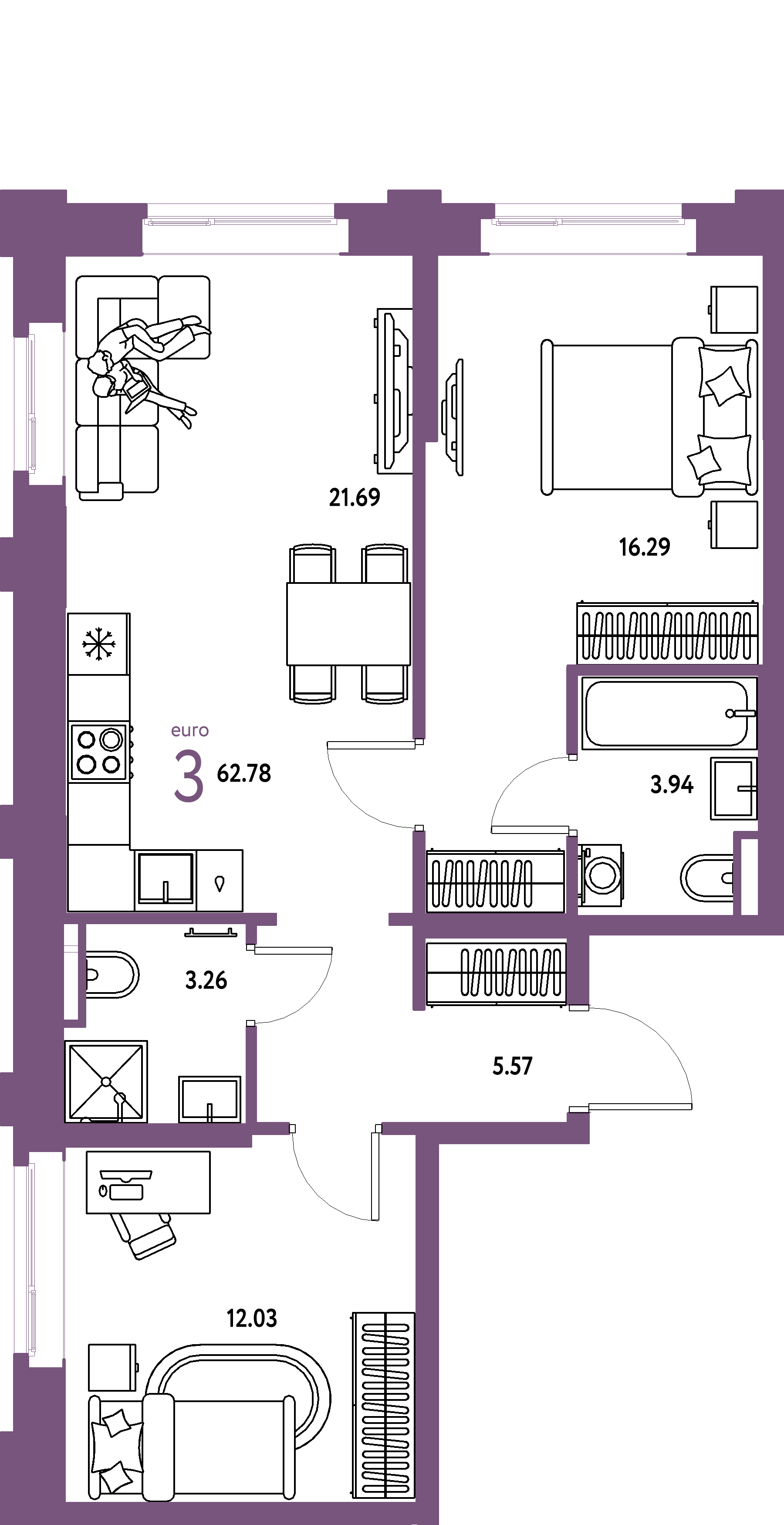 ЖК "Остров-сад"-3-комнатная 63.34 м²