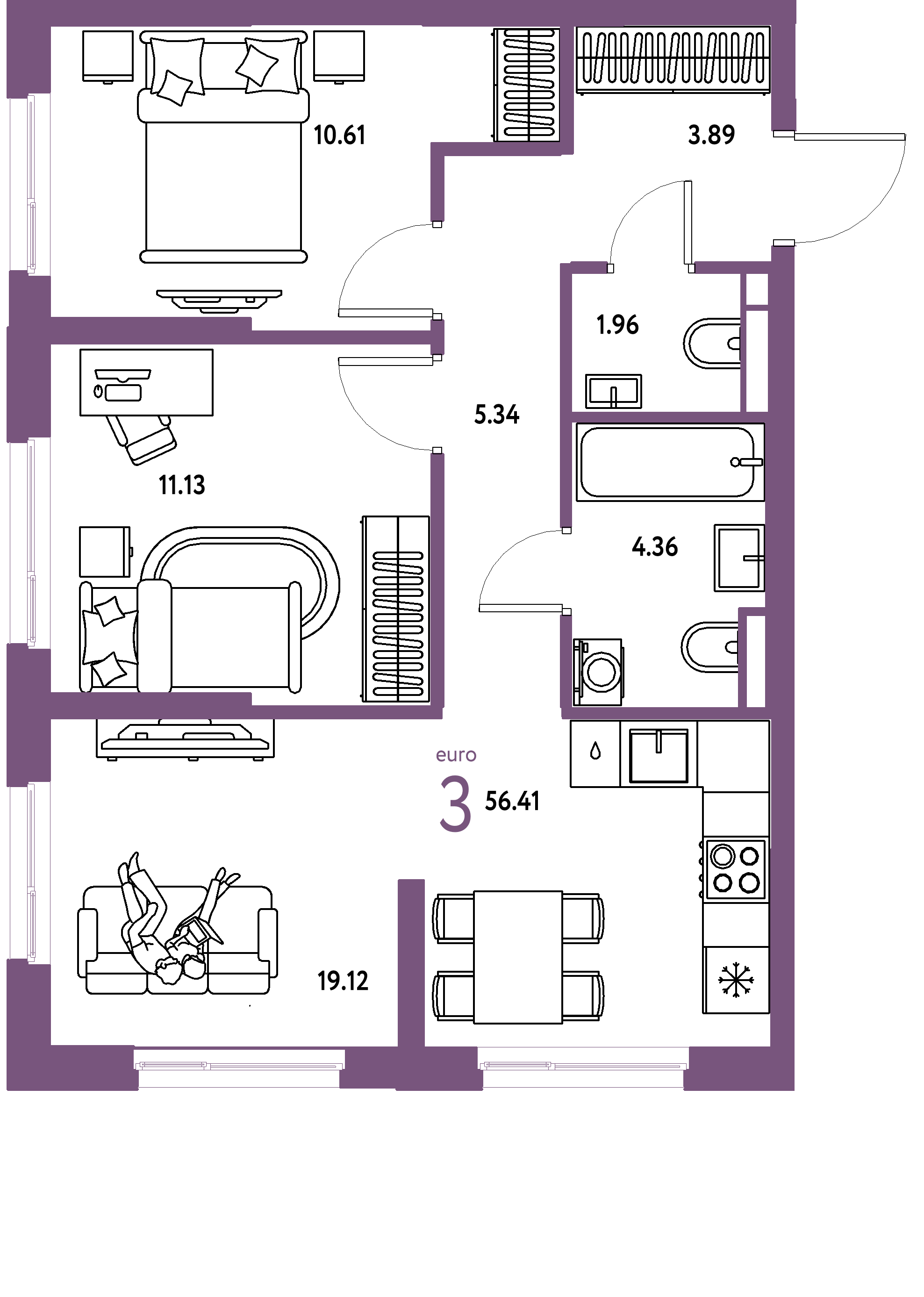ЖК "Остров-сад"-3-комнатная 57.18 м²