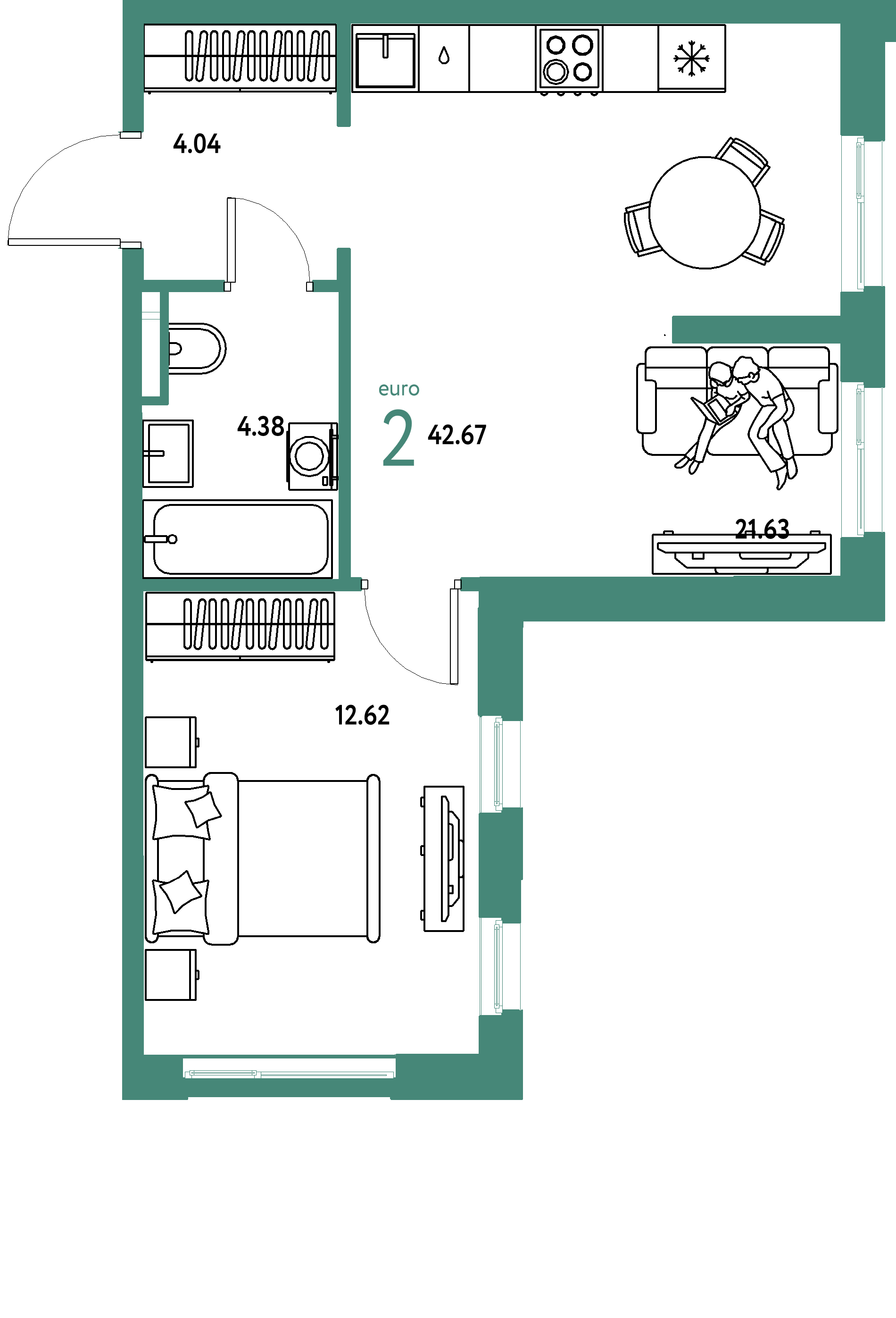 ЖК "Остров-сад"-2-комнатная 42.91 м²