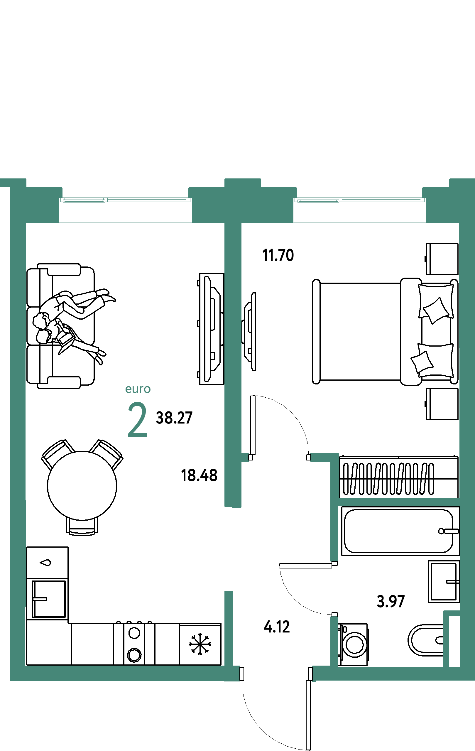 ЖК "Остров-сад"-2-комнатная 38.47 м²