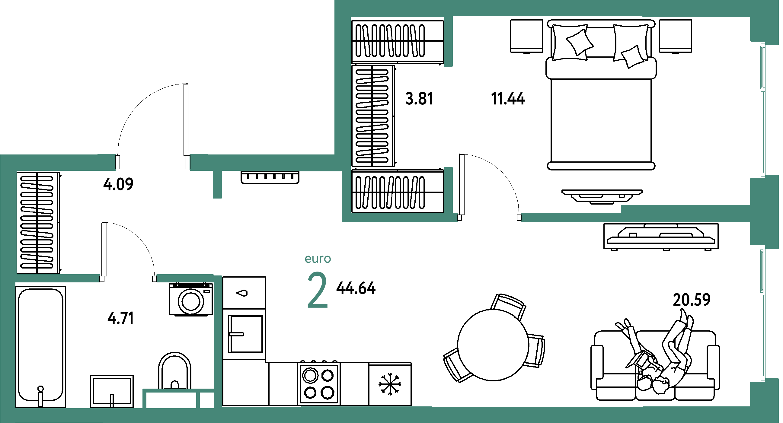 ЖК "Остров-сад"-2-комнатная 44.91 м²