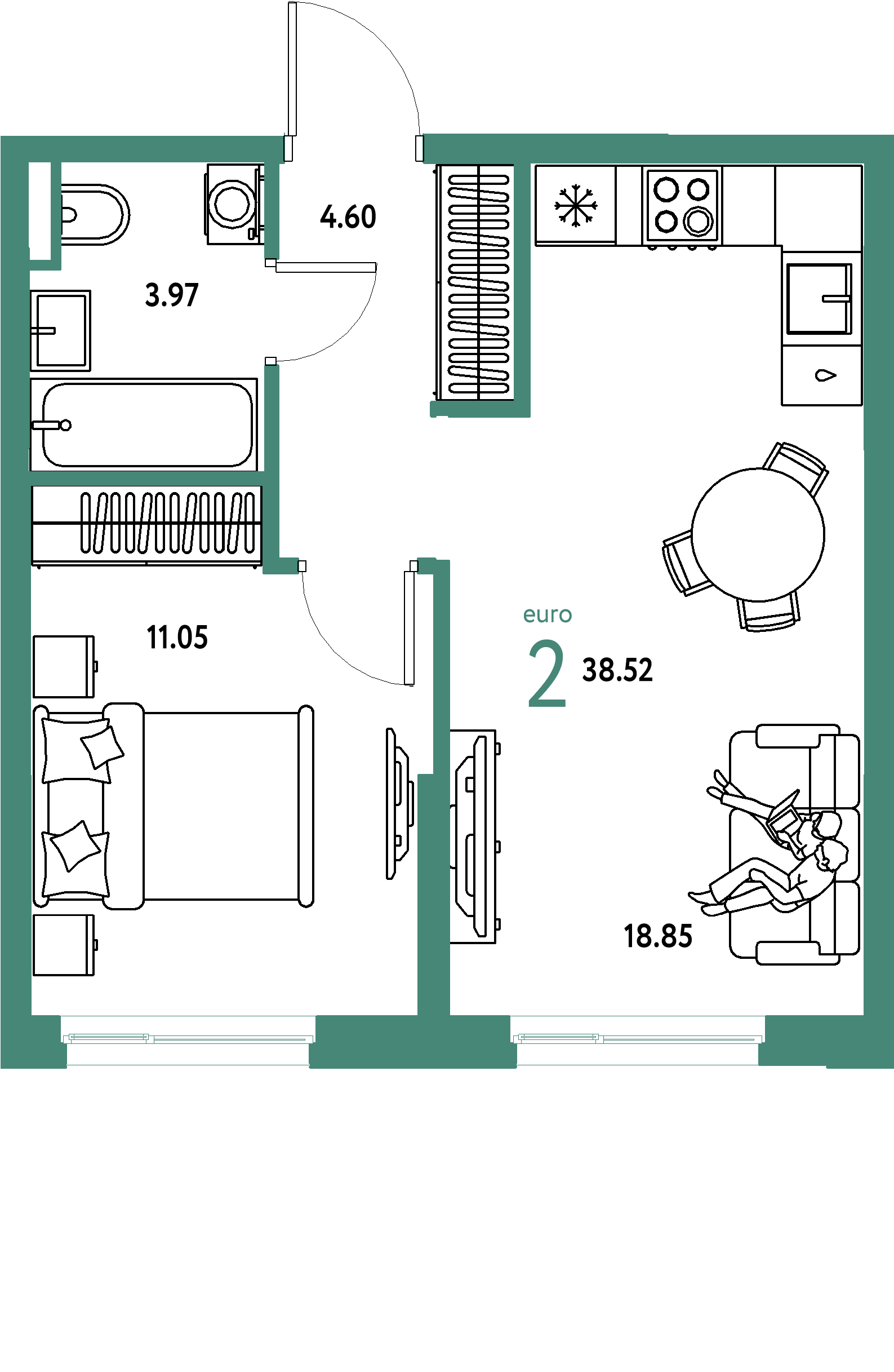 ЖК "Остров-сад"-2-комнатная 38.72 м²