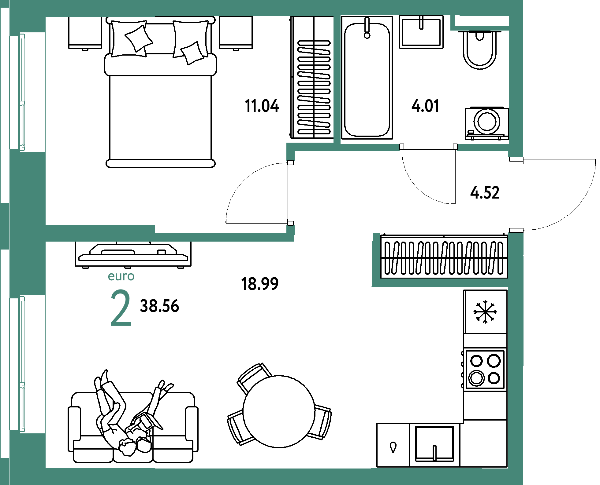 ЖК "Остров-сад"-2-комнатная 38.74 м²