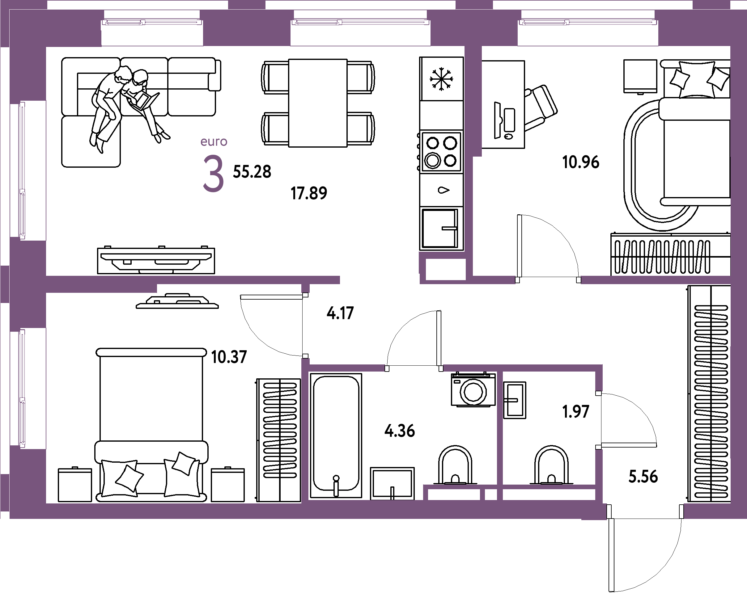ЖК "Остров-сад"-3-комнатная 56 м²