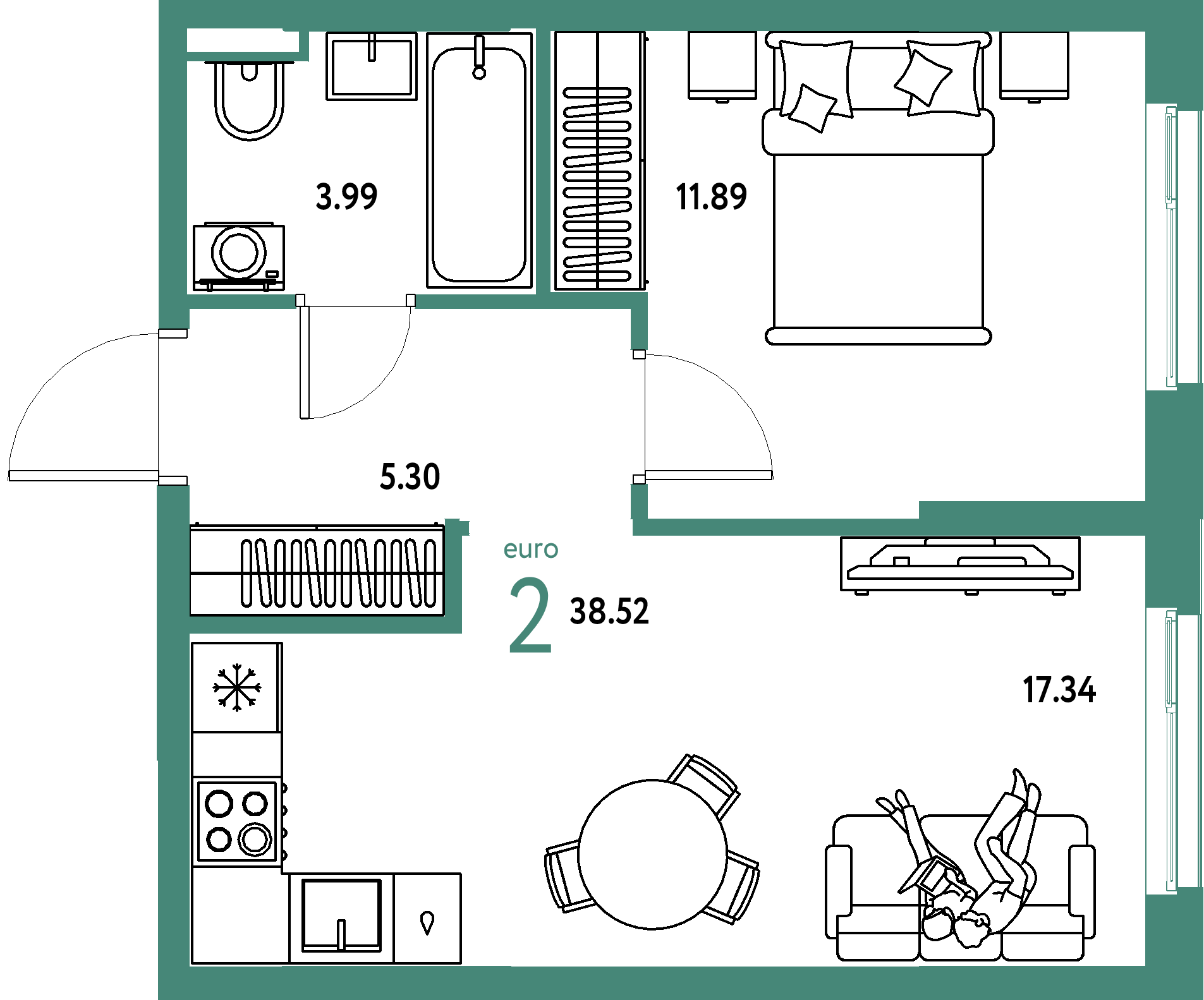 ЖК "Остров-сад"-2-комнатная 38.7 м²