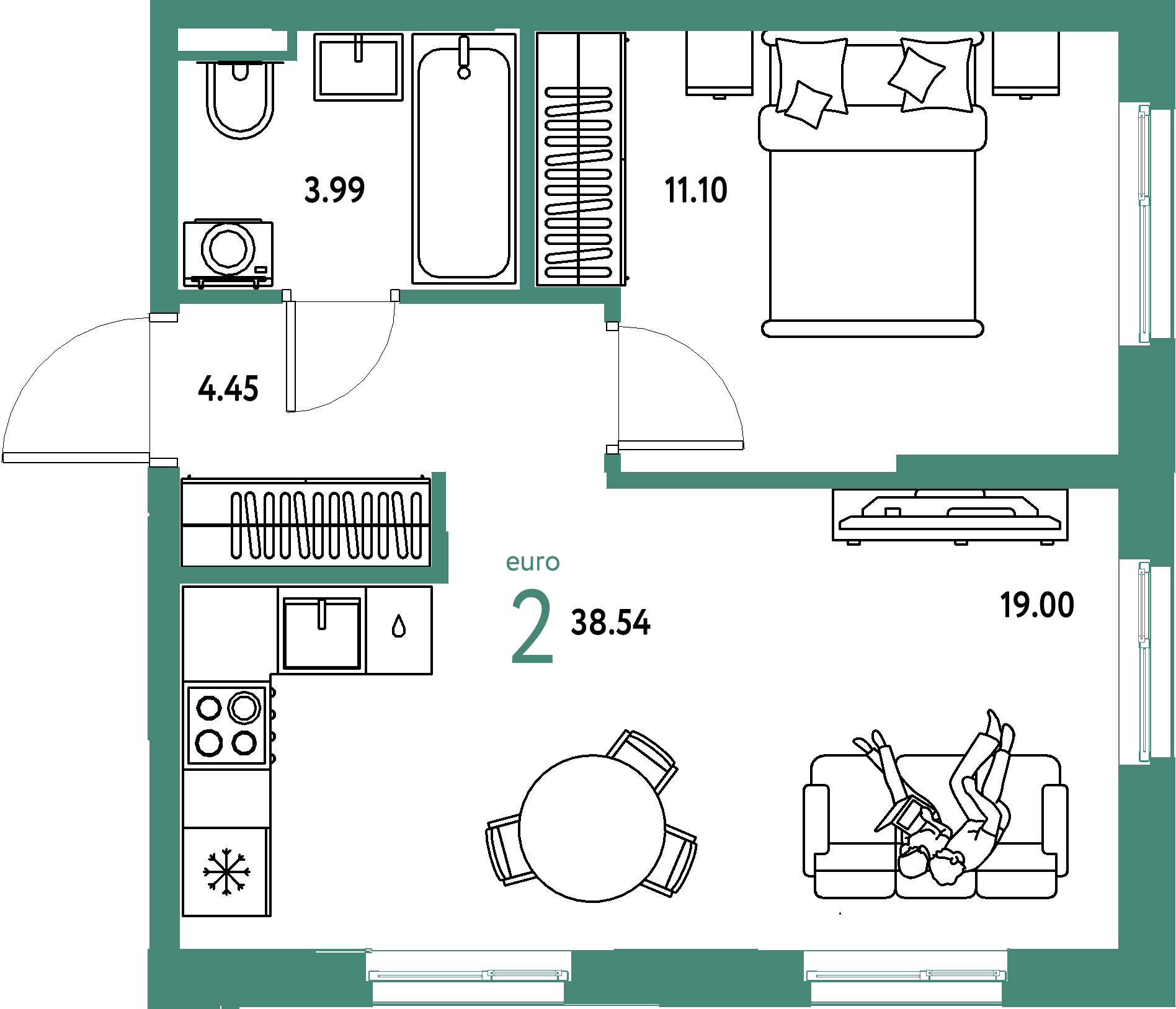 ЖК "Остров-сад"-2-комнатная 38.72 м²