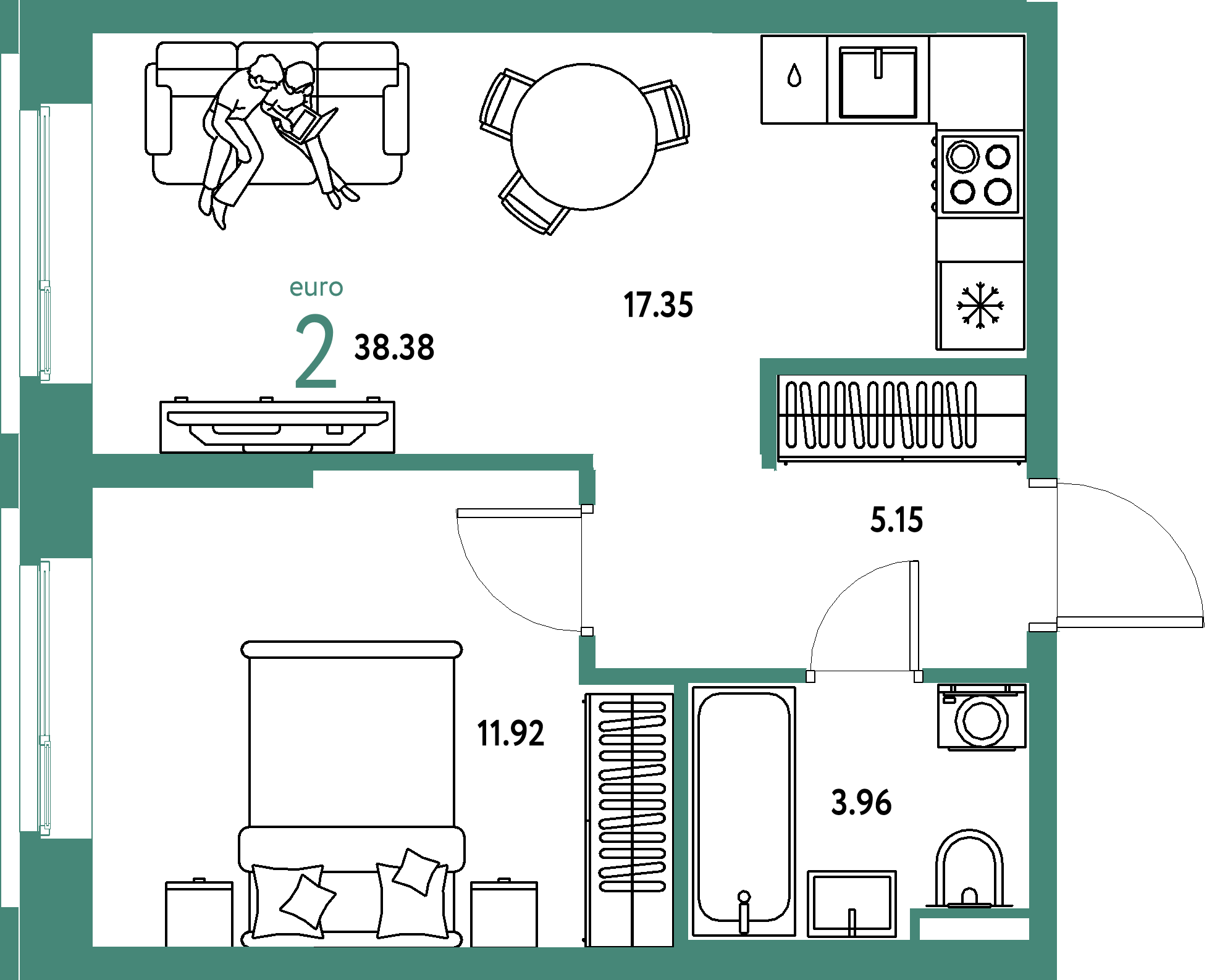 ЖК "Остров-сад"-2-комнатная 38.71 м²